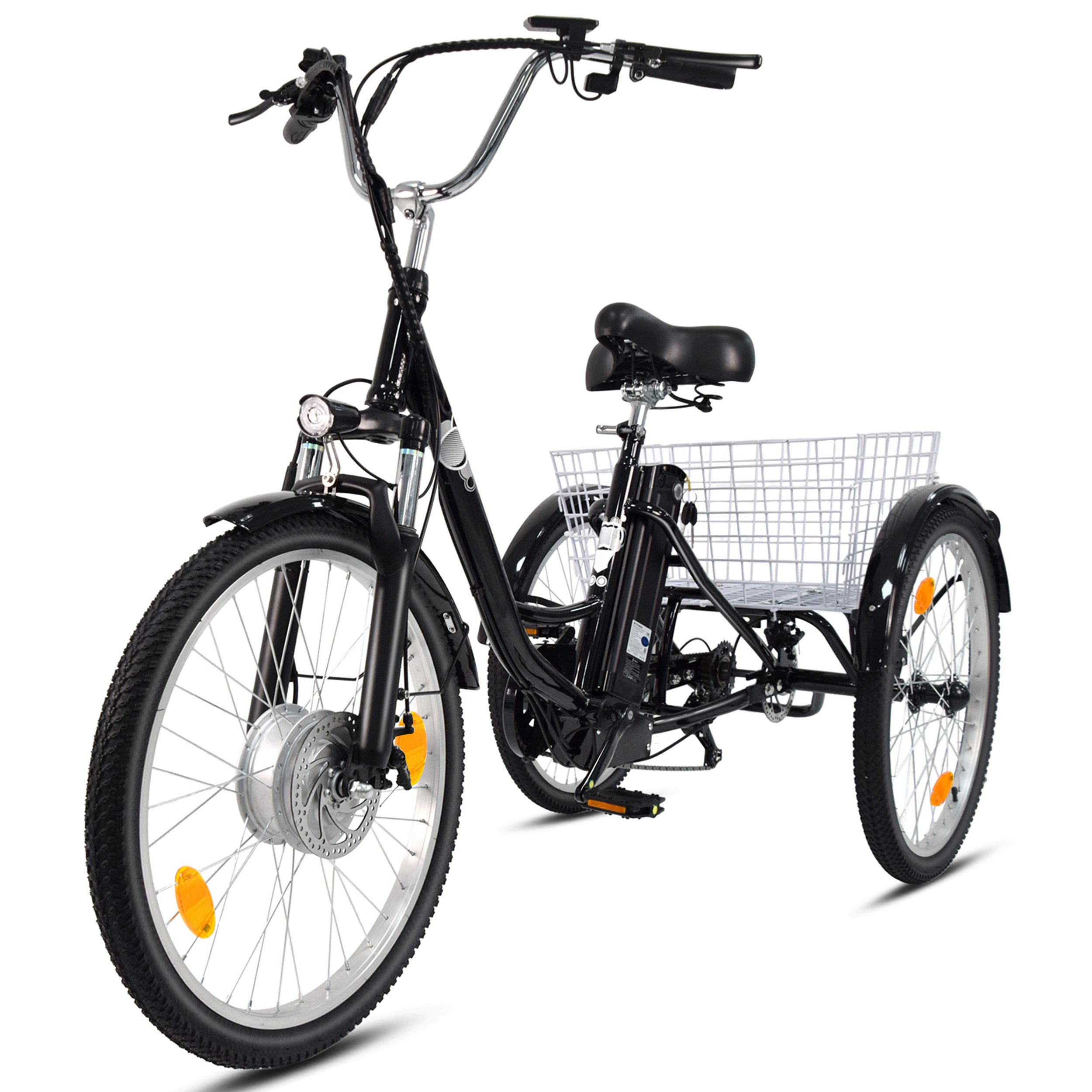 Vankel E-Bike Cityrad Damen u. Herren Elektro-Dreirad 24 Zoll 250W 540Wh 100km 3-Rad Pedelec, Kettenschaltung, Heckmotor, 648 Wh, (Beleuchtungsset mit Batterieladegerät, Batterieschlüssel, Werkzeug), Shimano 7-Gang Vorderradmotor Federgabel Cargobike 120kg Traglast