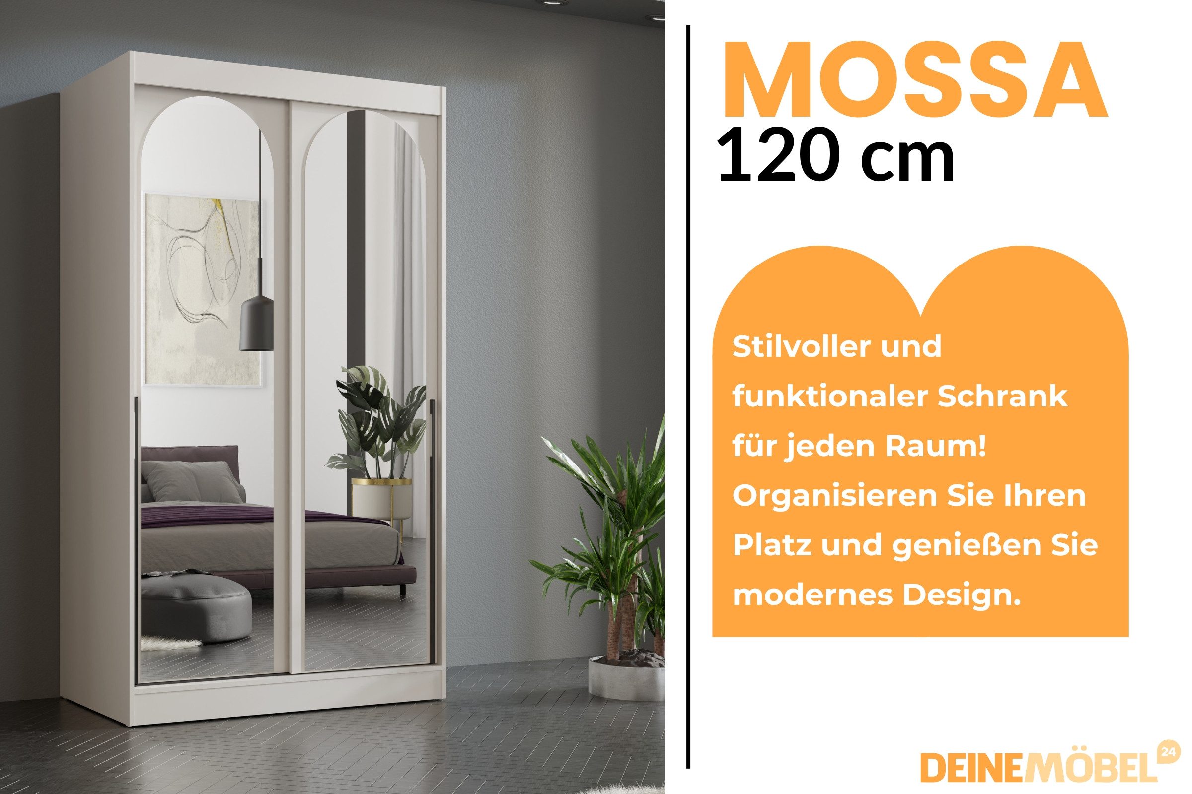 Deine Möbel 24 Schiebetürenschrank MOSSA 120 cm breit mit Spiegel (ideal für Schlafzimmer, Flur & Garderobe, 1-St., Schwebetürenschrank 120 cm breit) Kleiderschrank in Weiß, Schwarz Cashmere