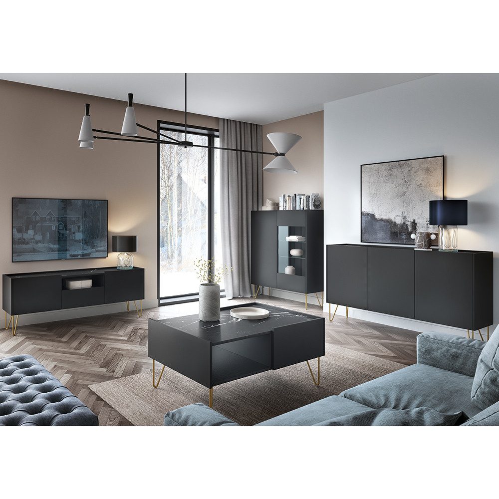 Lomadox Wohnzimmer-Set HERMOSILLO-160, (Mega-Spar-Set, 4-St., Highboard Sideboard Lowboard Couchtisch), Wohnwand Wohnmöbel, graphit, Oberboden Marmoroptik, goldene Füße