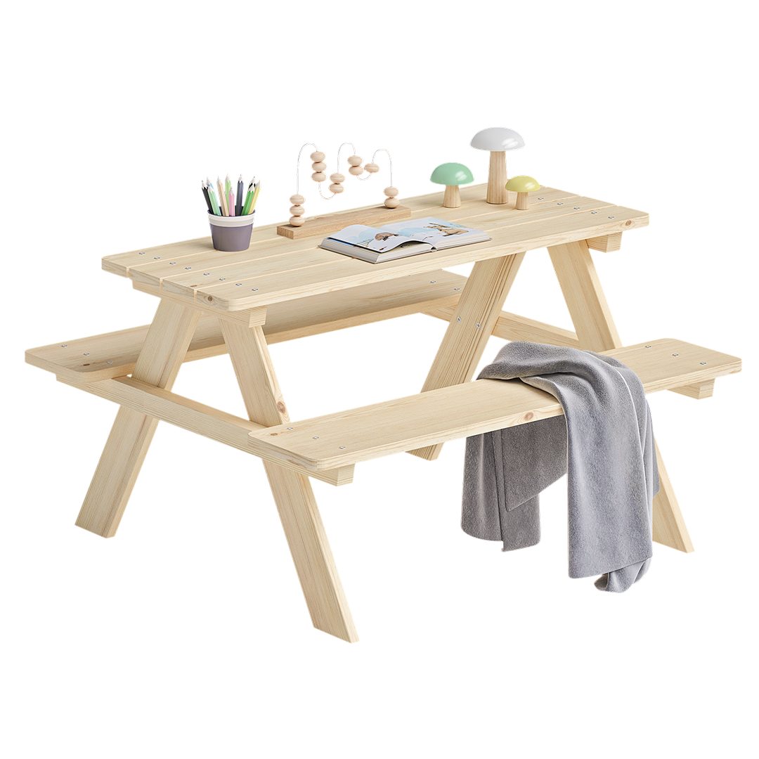 Bellabino Kindersitzgruppe Inny, (Sitzgruppe für Draußen, 1x Tisch, 2x Bank), für 4 Personen, unbehandelt, aus Kiefer Massivholz