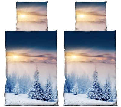 Bettwäsche 4 tlg Winter Mikrofaser Microfaser Thermofleece Bettwäsche 135x200 cm Thermo Fleece Flausch Winterlandschaft Schnee Tannenbaum weich kuschelig warm Winterhills Blau, Leonado Vicenti, Fleece, 4 teilig