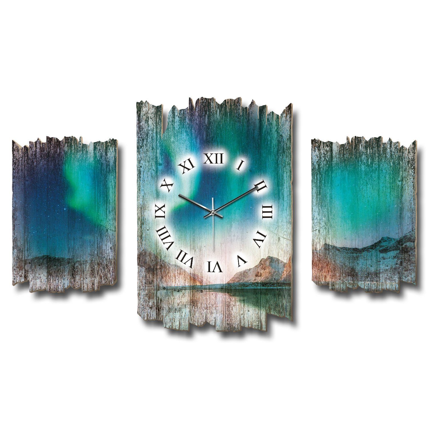 Kreative Feder Wanduhr 3-teilige DESIGNER-Wanduhr „Nordlichter“ im Shabby-Chic-Stil (ohne Ticken; Funk- oder Quarzuhrwerk; elegant, außergewöhnlich, modern)