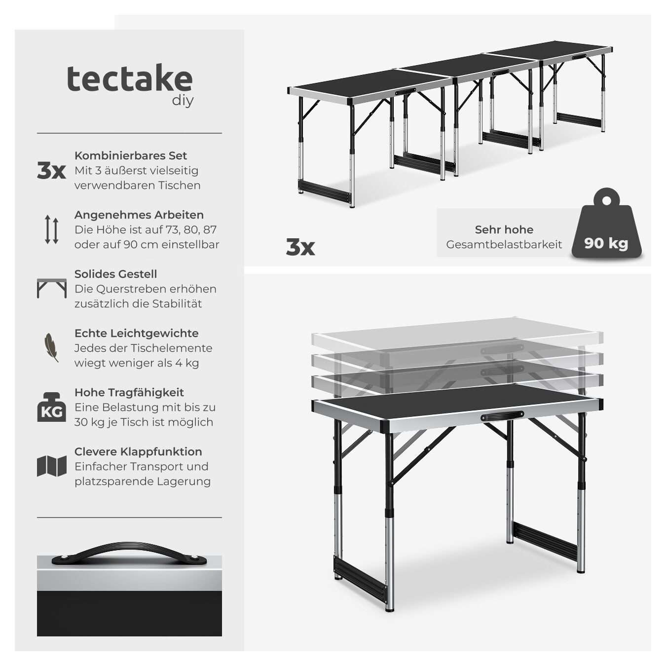 tectake Tapeziertisch 3er Set Tapetentisch klappbar, 300 x 60 x 73 - 94 cm (Mehrzwecktische, 3-St., in schwarz), 4-fach höhenverstellbar, mit Kantenschutz und Tragegriff