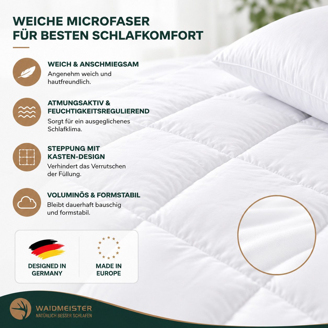 Waidmeister Microfaserbettdecke + Kopfkissen Bettdeckenset 2-teilig Bettdecke 135x200 cm Kopfkissen 80x80 cm, Bettdecke & Kissen Set Ganzjahres Steppdecke Mikrofaser