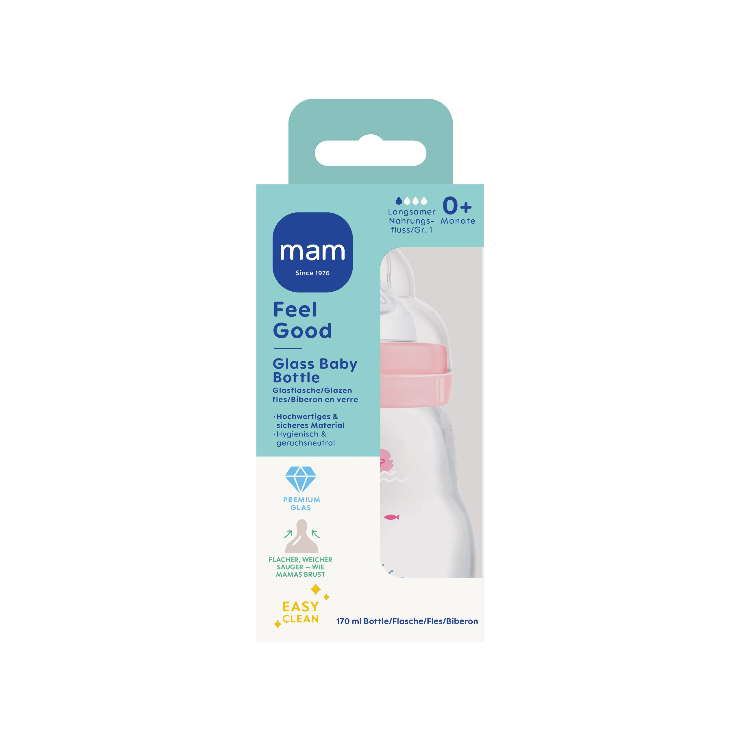 MAM Babyflasche Glasflasche Feel Good Matt, mit Skin Soft Anti-Kolik Silikon Weithals Trinksauger