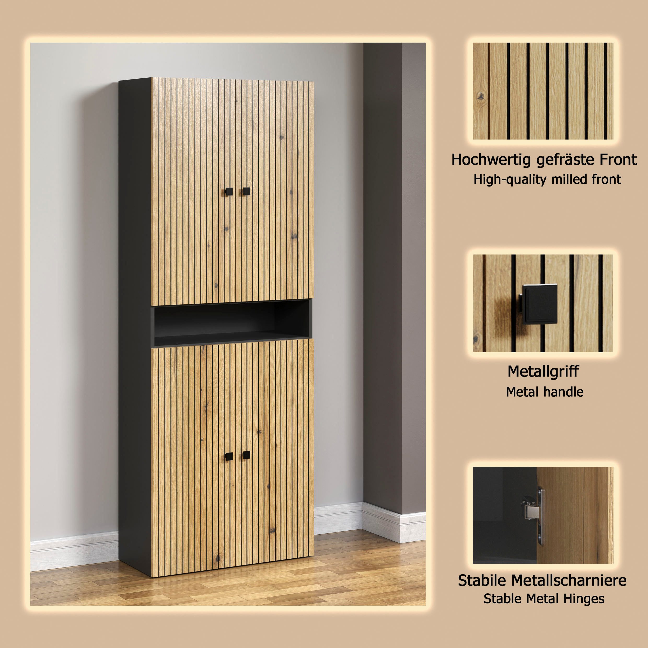 welltime Hochschrank Amrum Badezimmerschrank mit und ohne Schublade - (B/T/H) 40-70/31/186 cm – Bild 3 von 5