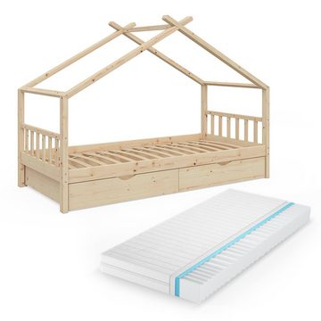 VitaliSpa® Kinderbett Hausbett Kinderhaus 90x200cm DESIGN Natur Schublade Matratze