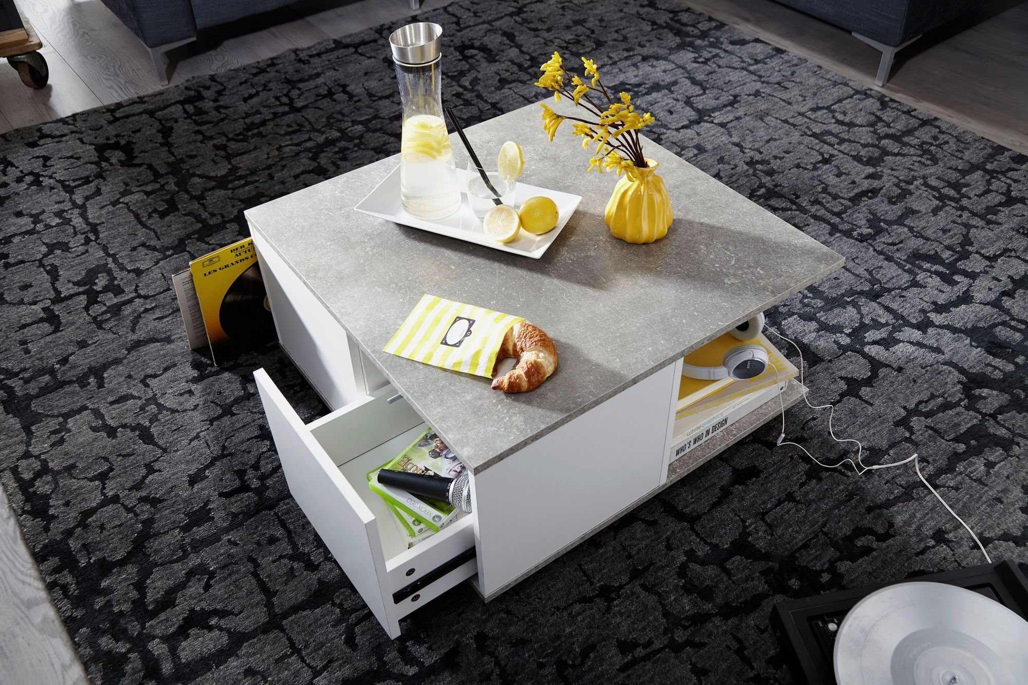 Zementgrau mit Wohnzimmertisch (70x70 / 2 Schubladen, Couchtisch Tisch Rollen Weiß, Eckig), mit Wohnling WL6.065 cm Sofatisch