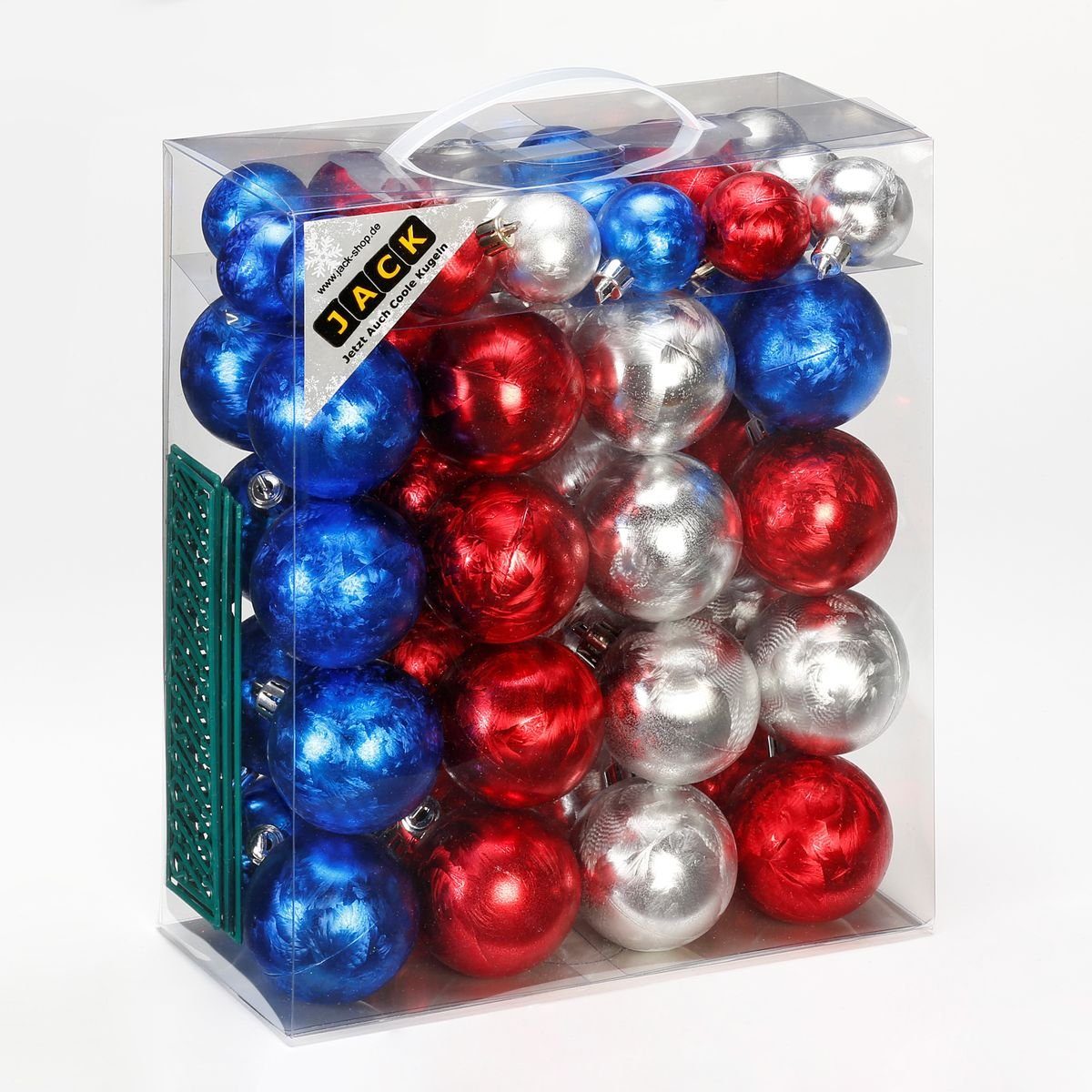 JACK Christbaumschmuck JACK by Inge 50x Kunststoff Kugeln Eislack Blau Rot Silber inkl. Haken, Christbaumkugeln, Kugel-Set mit Eislackeffekt aus Kunststoff Ø 4+6cm