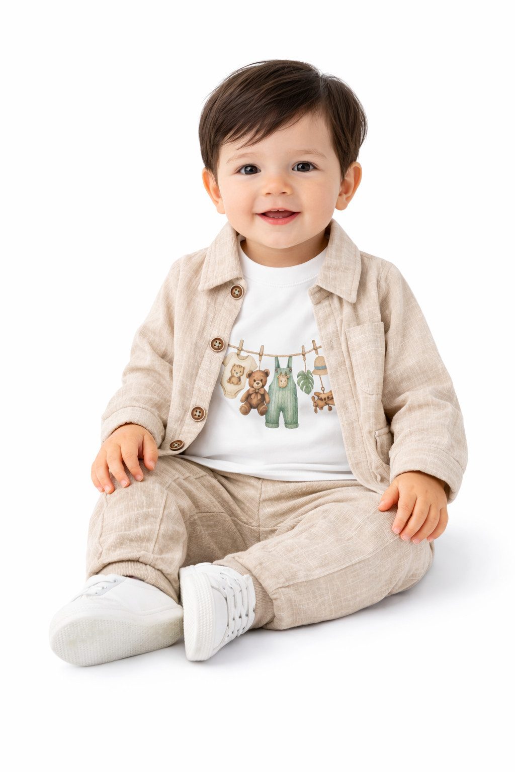 Shirt, Hose & Jäckchen Baby Jungen 3er Set, Jacke, Hose, Langarmshirt, 100% Baumwolle, Beige
