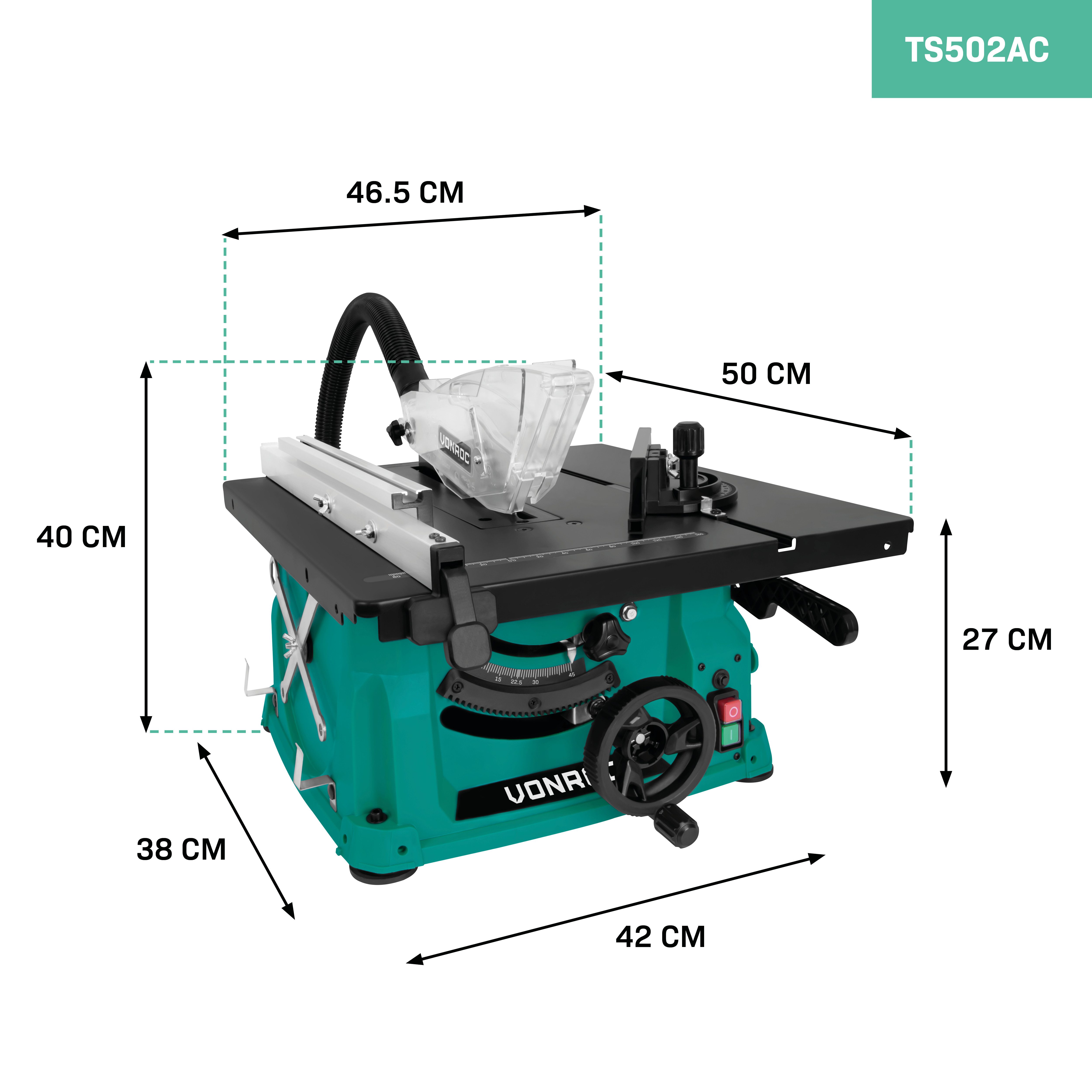 VONROC Tischkreissäge mit Führungsschiene 1500W - Tischsäge mit Staubabsaugung 5000U/min, - Ø210mm - Inkl. Gehrungsführung und 40T Sägeblatt
