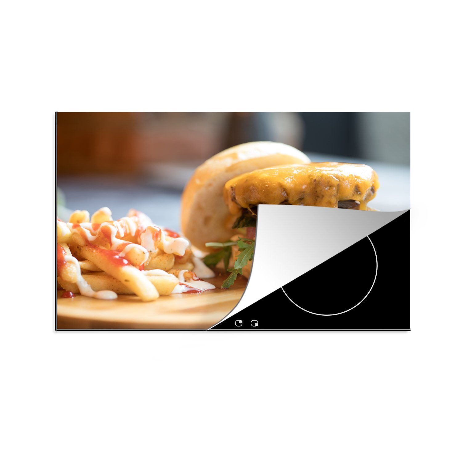 MuchoWow Herdblende-/Abdeckplatte Hamburger mit geschmolzenem Käse, Vinyl, (1 tlg), 81x52 cm, Induktionskochfeld Schutz für die küche, Ceranfeldabdeckung