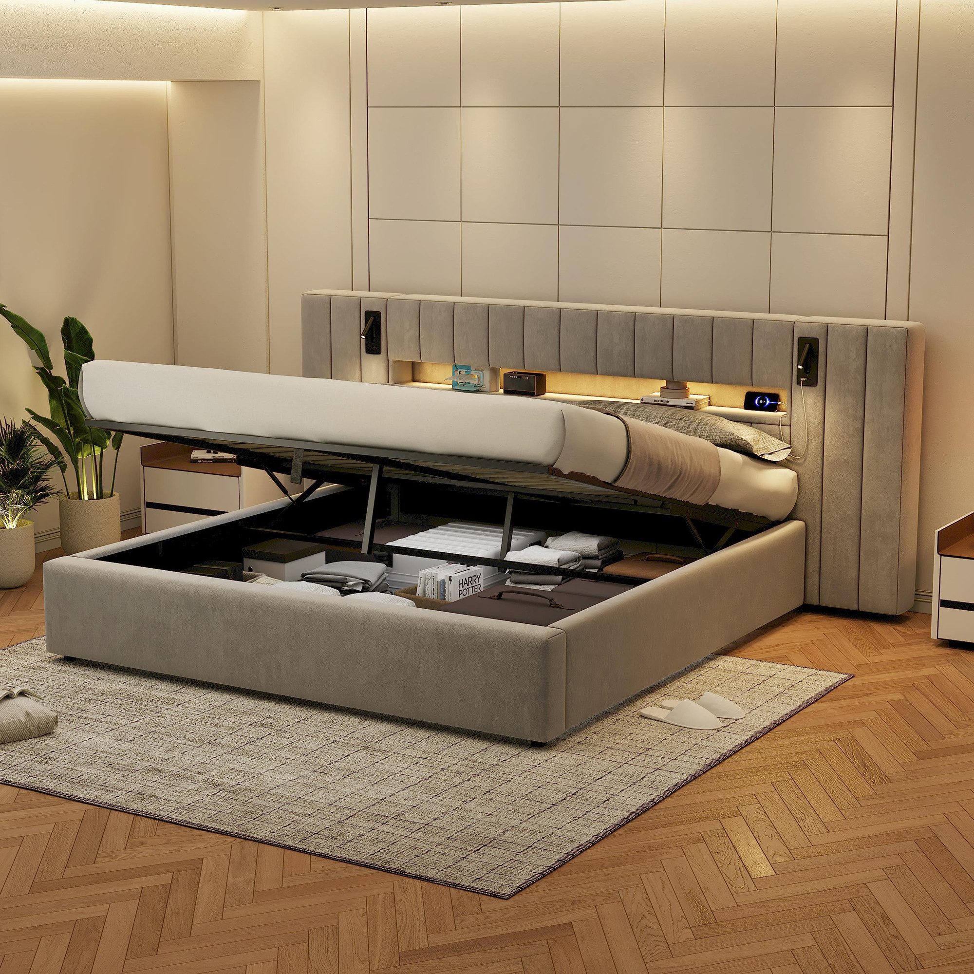 Flieks Polsterbett, LED hydraulisches Doppelbett 180x200cm mit USB-Anschlus günstig online kaufen