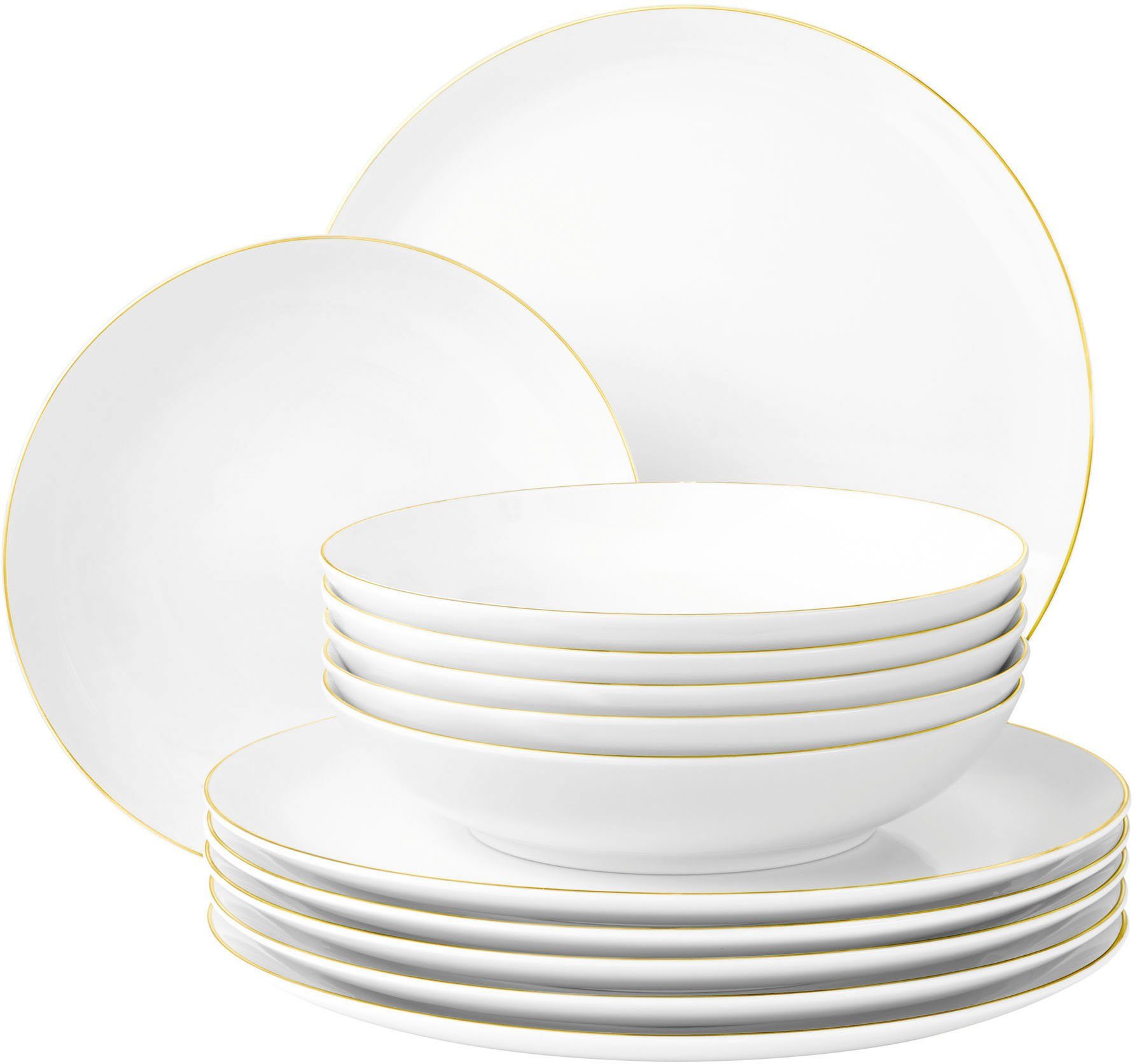 Seltmann Weiden Tafelservice Teller Set, Geschirr-Set Liberty Goldrand (12-tlg), 6 Personen, Porzellan, Geschirr, Teller Set, gold, Made in Germany, 12 Teile, für 6 Personen