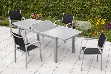 MERXX Garten-Essgruppe Ostia, (Set 5-teilig, Tisch, 4 Stapelsessel, Aluminium mit Textilbespannung, Sicherheitsglas)