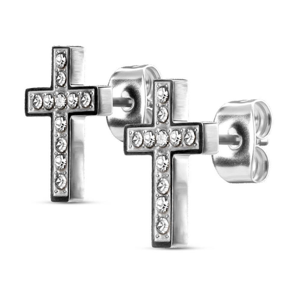 BUNGSA (1 Paar Ohrring-Set Ohrstecker Stück), Ohrringe (2 Damen Ohrschmuck Edelstahl 2-tlg), kristallbesetzt aus Kreuz Silber