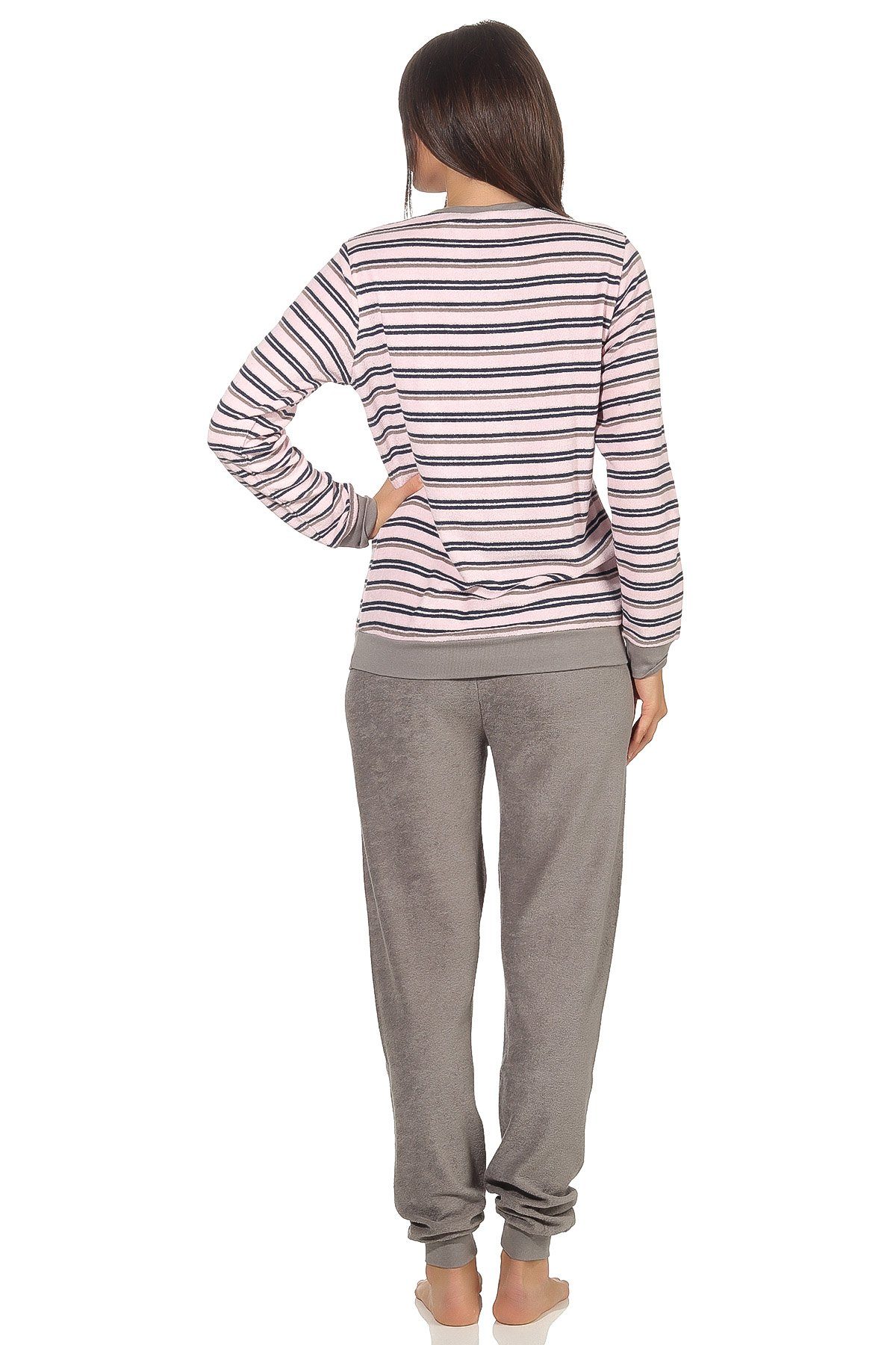 RELAX by Normann Pyjama Damen Frottee Pyjama lang Schlafanzug mit Bündchen in Streifenoptik – Bild 3 von 5