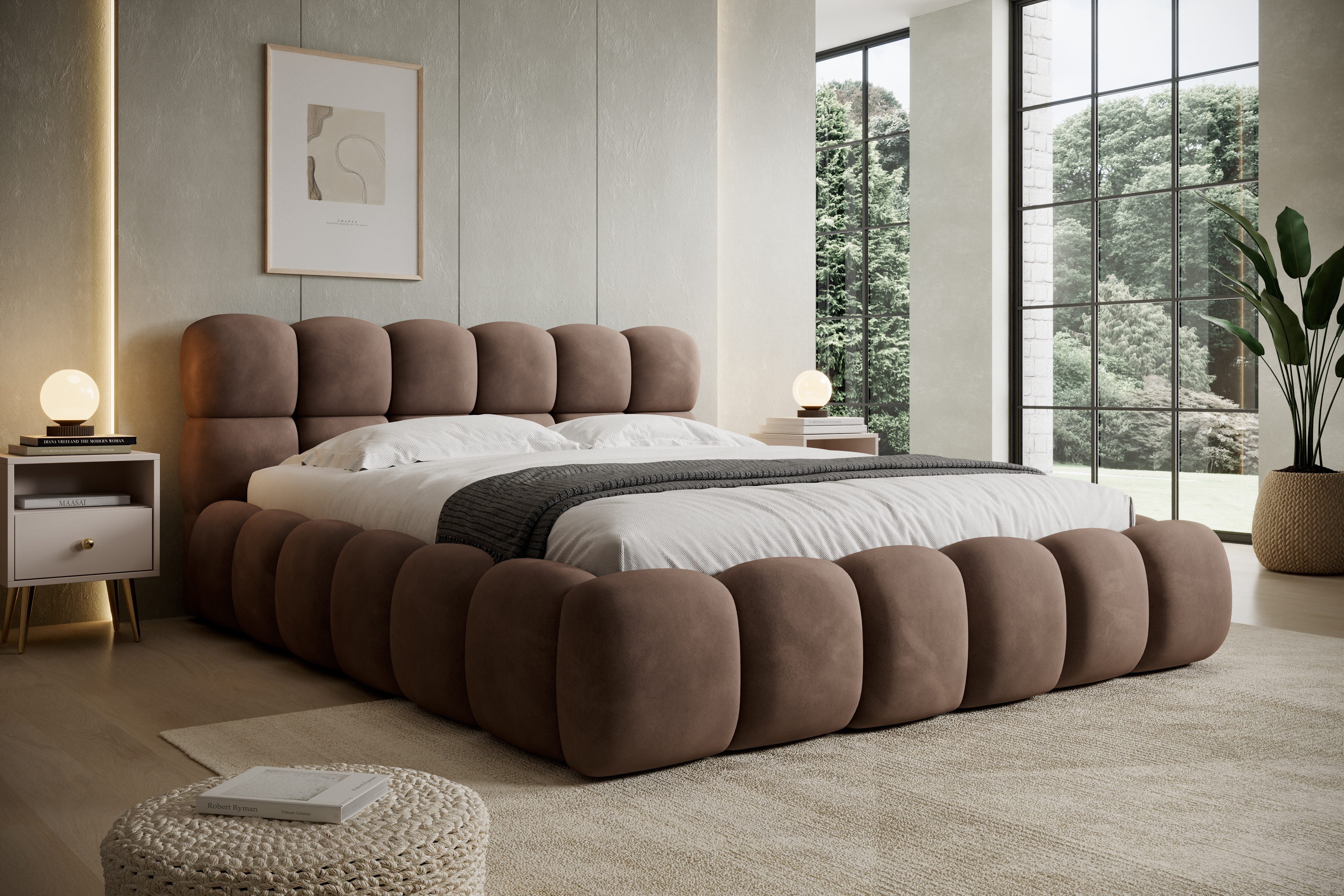 thematys Polsterbett mit Bettkasten 140x200–200x200 cm – Velours oder Bouclé Bezug – (Polsterbett in den Varianten Bouclé (Fredo), Velours (Velutto) - Wolkenbett mit XXL Kopfteil), Wolkenbett mit XXL Kopfteil)