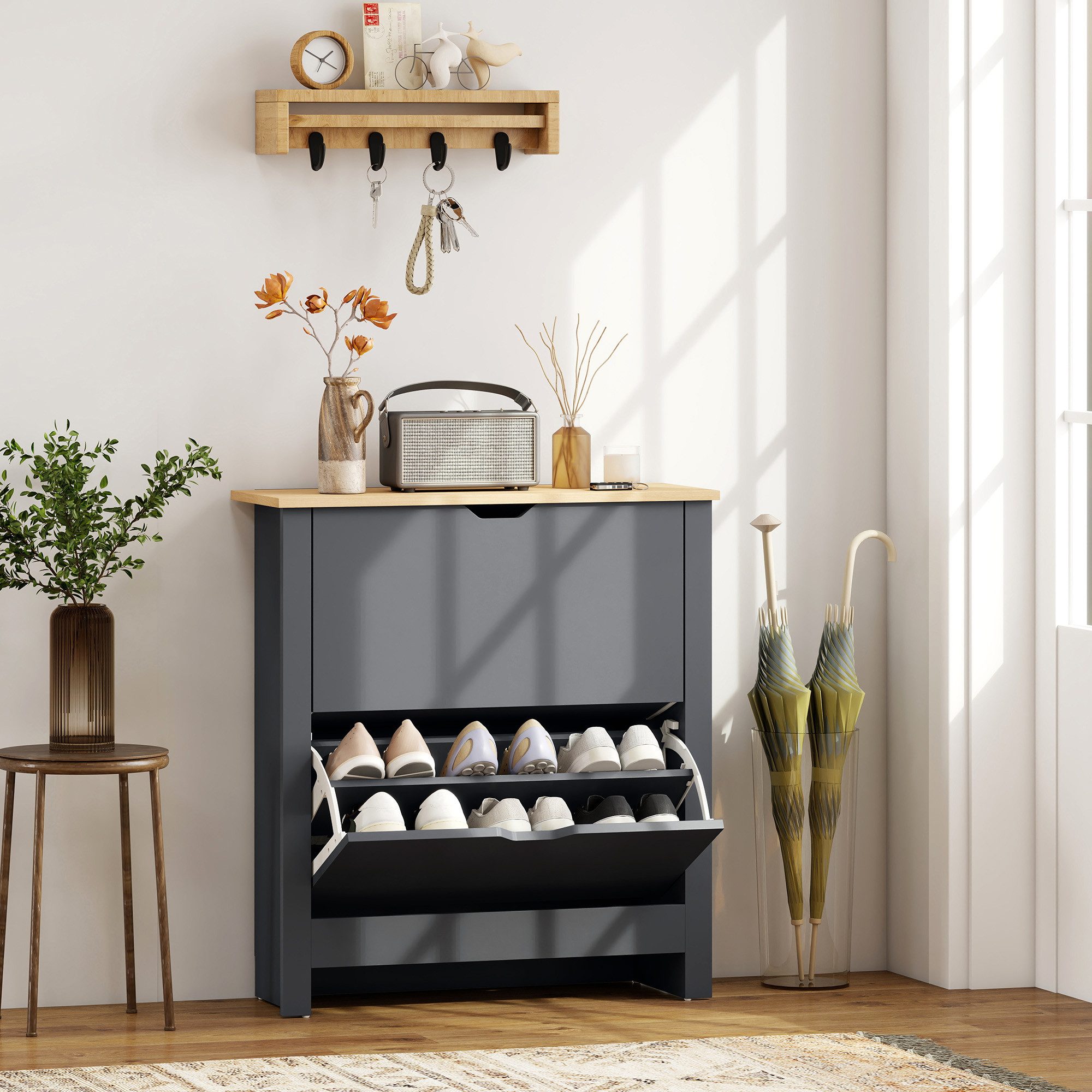 HOMCOM Schuhkipper verstellbar Trennwand Schuhregal (Schuhkommode, 1 St., Schuhaufbewahrung), für 12 Paar Schuhe 72 x 26 x 80 cm, Dunkelgrau