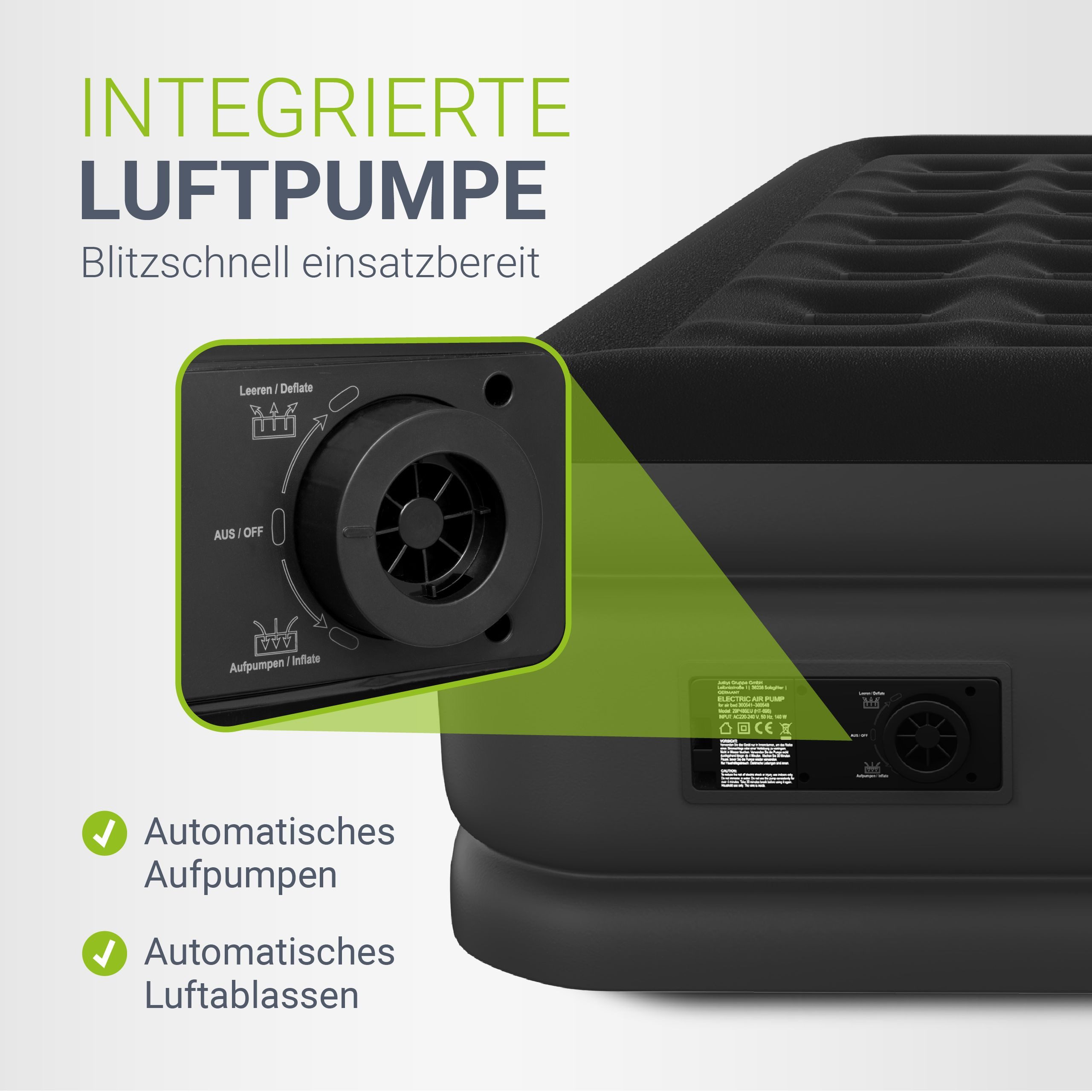 Juskys Luftmatratze Sapri, Einzel-Luftbett, selbstaufblasend, wasserdicht, inkl. Pumpe, Tasche