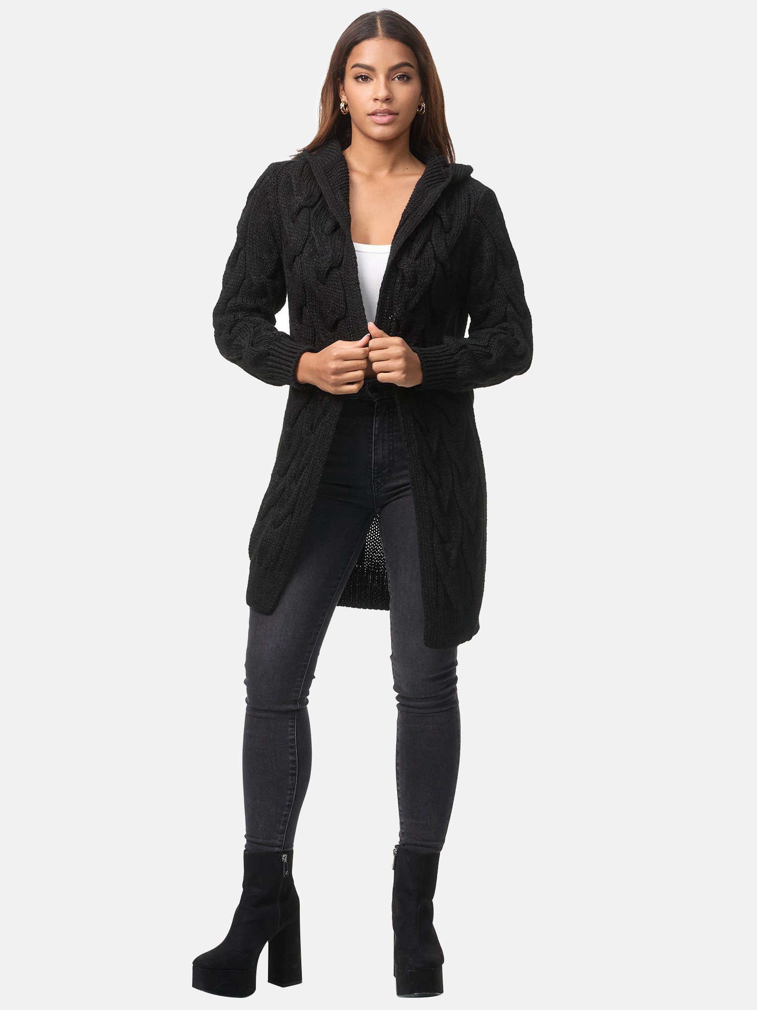 Damen mit (1-tlg) Elara Schwarz Kapuze Cardigan Maxikleid Elara