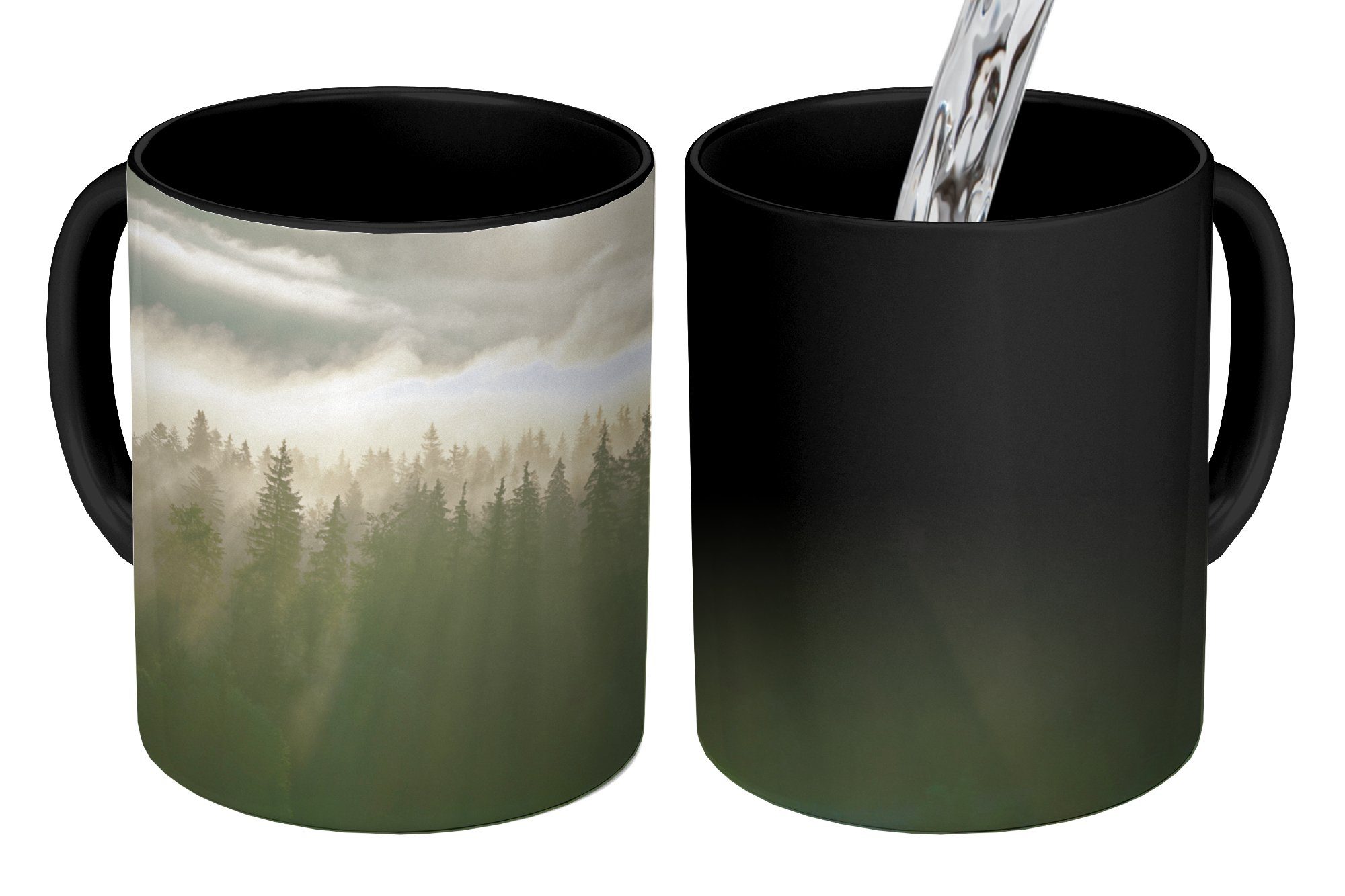 MuchoWow Tasse Wald - Nebel - Sonne, Keramik, Farbwechsel, Kaffeetassen, Teetasse, Zaubertasse, Geschenk