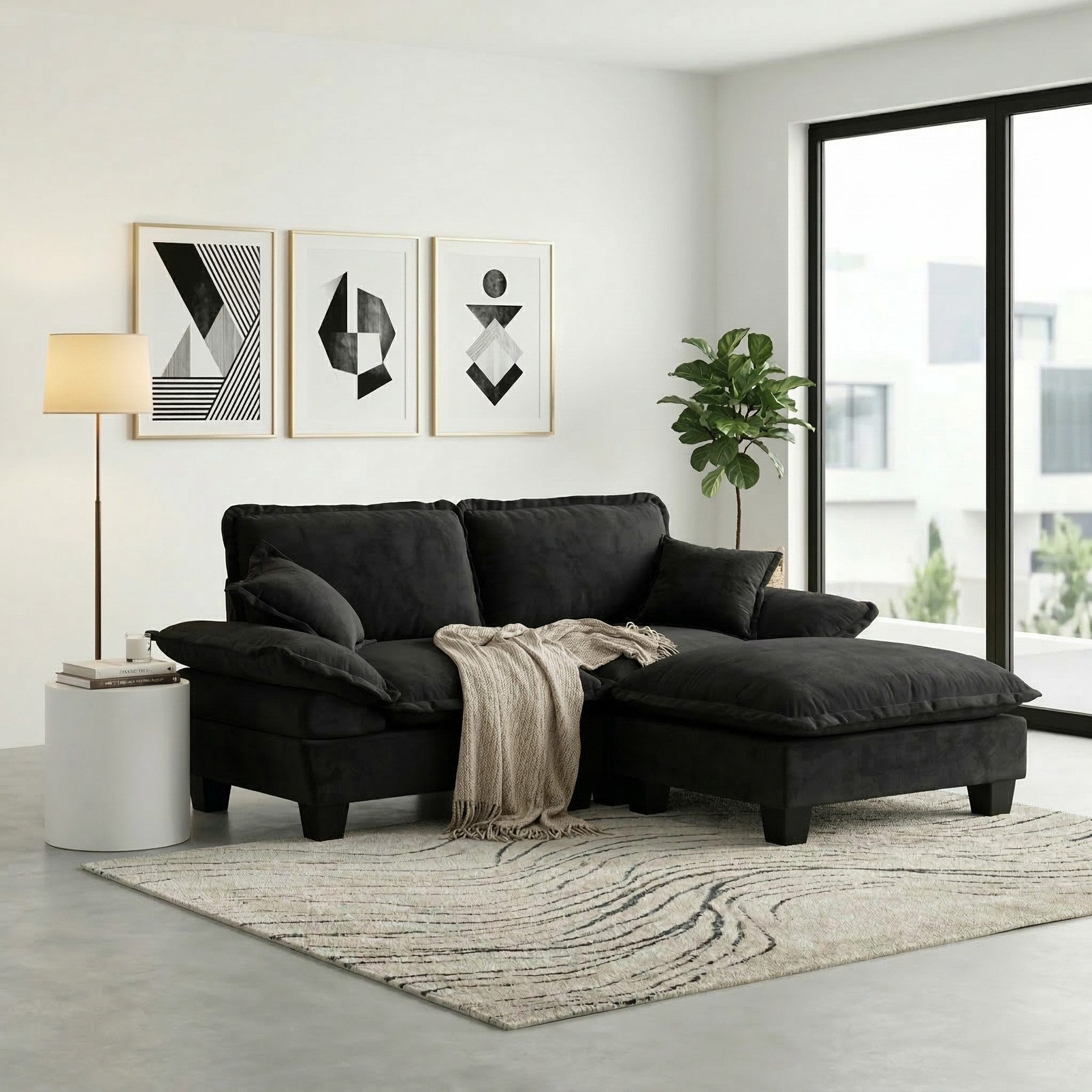 Odikalo Loungesofa Ecksofa Sofas wohnzimmer mit Schlaffunktion Fußhocker & Kissen, Modulares Ecksofa L-förmige Cloud-Couch mit Segelboot-Design inklusive 1 beweglichem Ottomane & 2 weichen Kissen komfortabler Chenille-Bezug für Wohnzimmer & Apartments