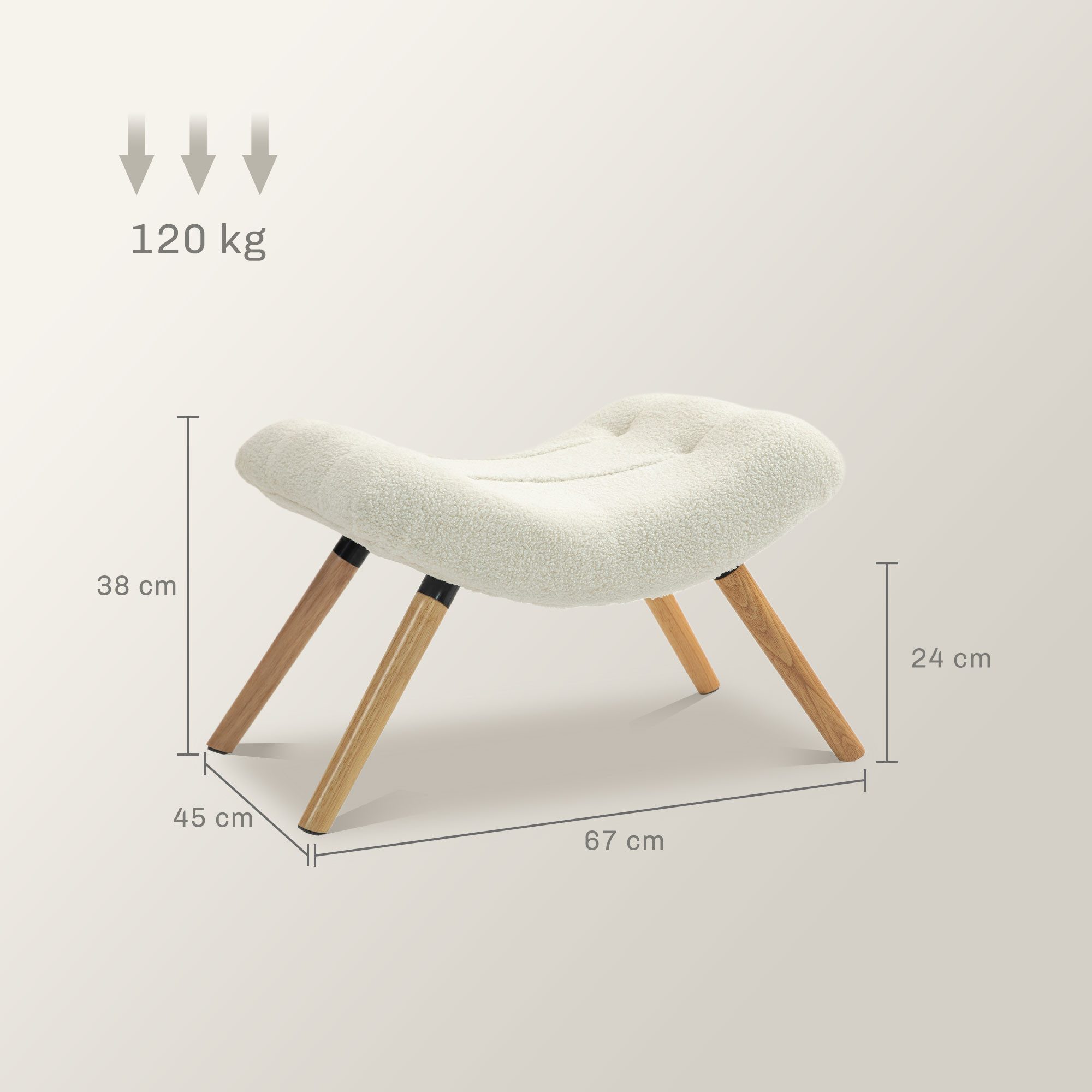 HOMCOM Fußhocker mit Berberfleece-Stoff, bis 120 kg belastbar (Sitzhocker, 1 St., Polsterhocker), für Wohnzimmer, Schlafzimmer, 67 x 45 x 38 cm, Cremeweiß