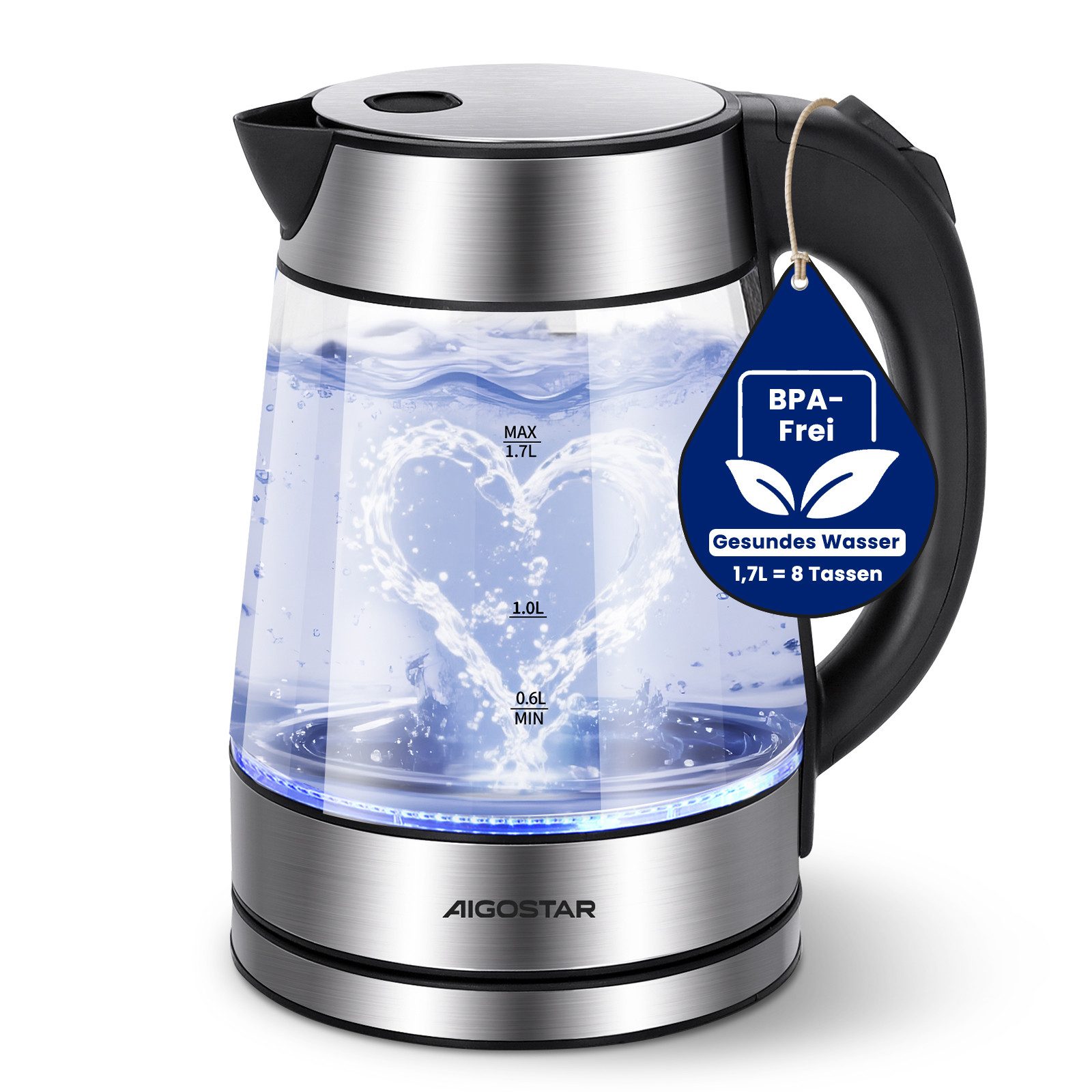 Aigostar Wasserkocher Chubby - Glaswasserkocher mit LED Beleuchtung, Auto-off, BPA frei, 1.7 l, 2200,00 W, Edelstahl