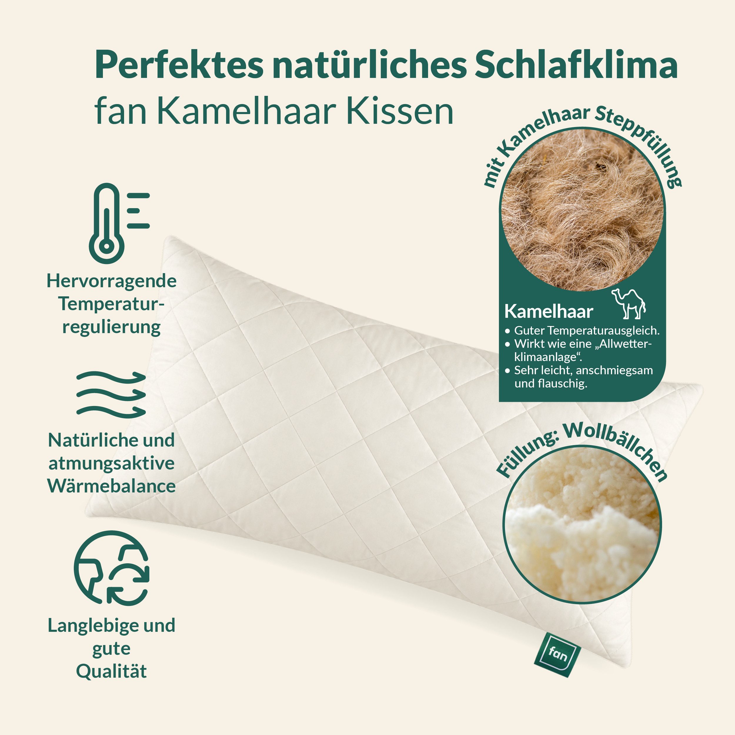 fan Naturfaserkissen Gobi, Kopfkissen in 40x80 & 80x80 cm, Made in Germany, Füllung: 97% Wolle, 3% sonstige Fasern, Bezug: 100% Baumwolle versteppt mit 97% Kame – Bild 2 von 5
