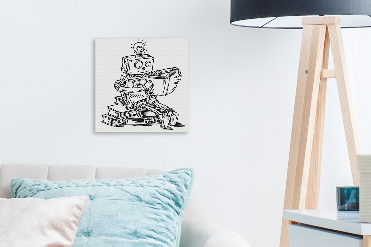 St), Buch handgezeichnete Schlafzimmer (1 Leinwand Roboters, Wohnzimmer Leinwandbild Bilder ein für liest, Illustration eines Eine OneMillionCanvasses® der