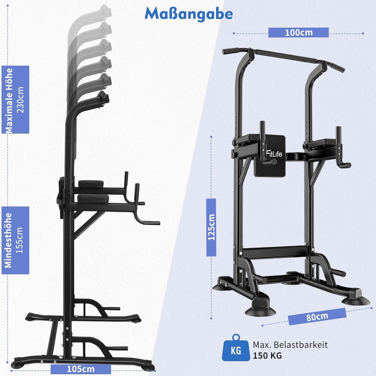 DH FitLife Kraftstation Power Tower mit Klimmzugstange und Dip Station, (Dip Barren 300kg, Pull Up Bar 150kg), höhenverstellbar für Ganzkörpertraining Zuhause