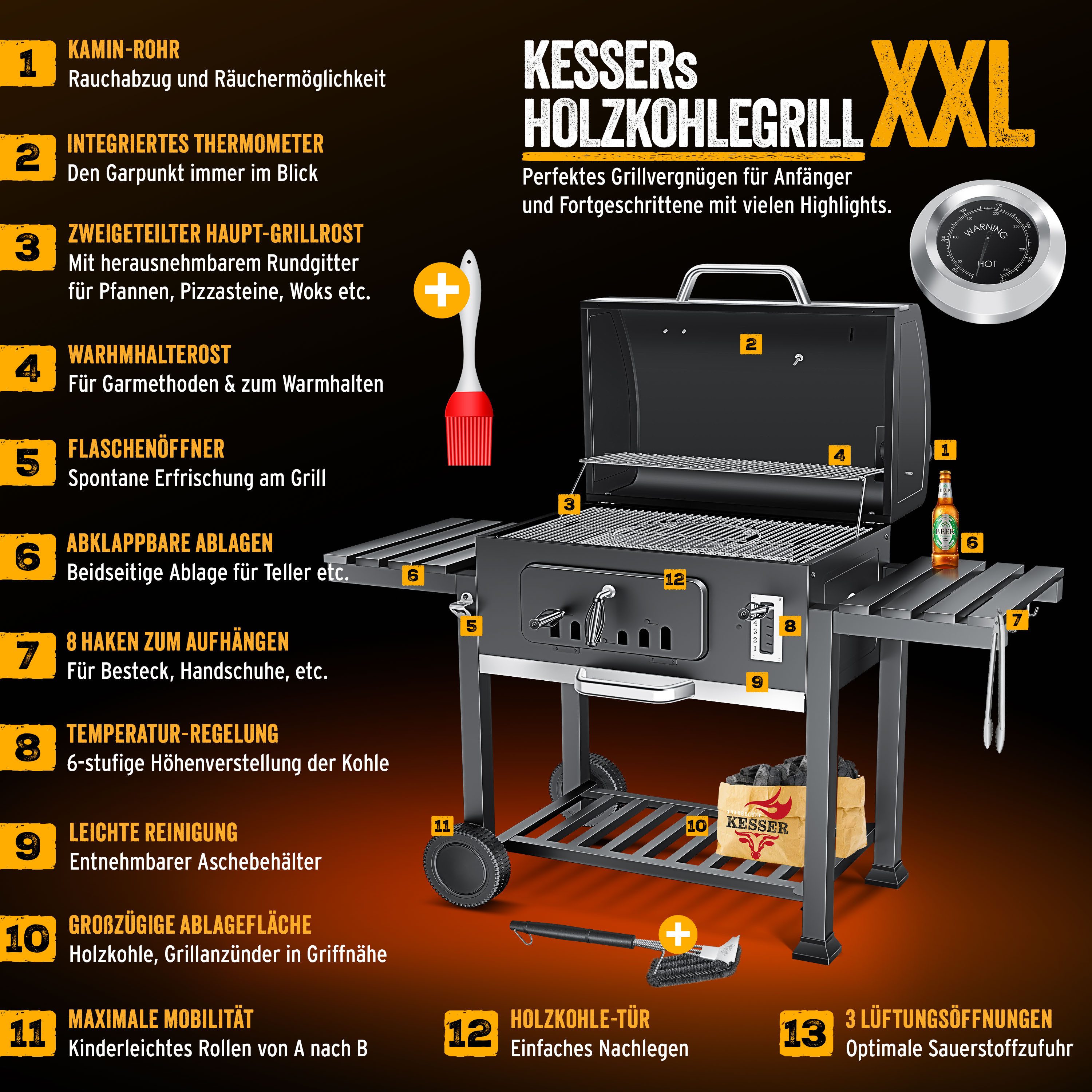 KESSER Holzkohlegrill Grillwagen BBQ Smoker XXL Holzkohlegrill mit Deckel, Rädern, Edelstahl-Griff, Thermometer, Grillrost, Standgrill, Kohlegrillwagen