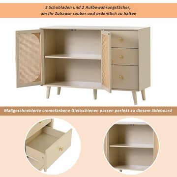 Merax Sideboard aus Holz mit 3 Schubladen und Rattan Geflechte Türen, Kommode mit Holzfüßen, Metall Bügelgriff, Lowboard, TV-Board, B:120cm