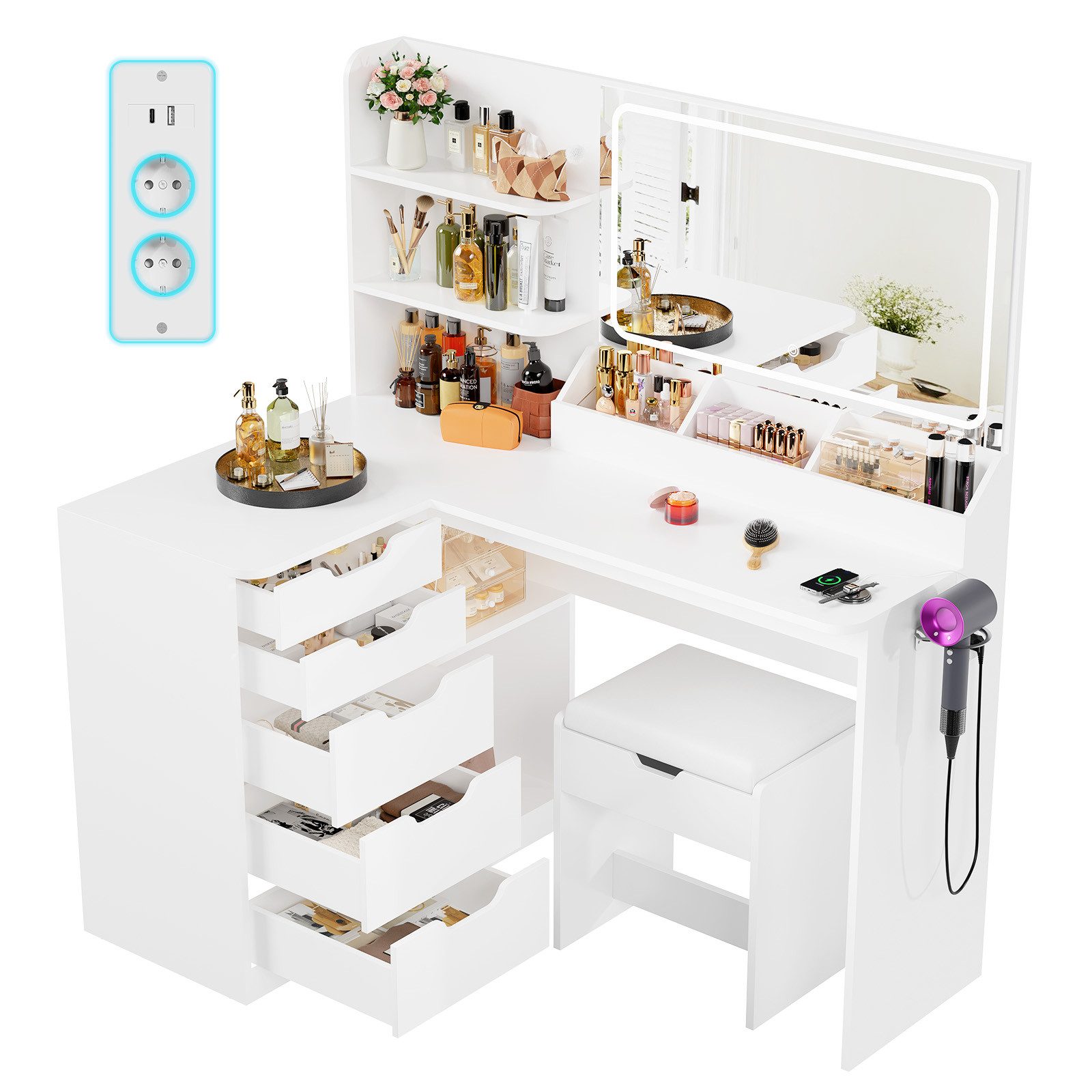 Furnicopia Schminktisch LED-Schminktisch mit großer Ablagefläche und Hocker (Maße: 120 x 80 x 136 cm Ausstattung: 5 Schranktüren, 8 Staufächer Ausstattung: 2 Steckdosen + 1 USB-Anschluss + 1 Typ-C-Anschluss Inklusive Föhnhalterung-ostern geschenke)