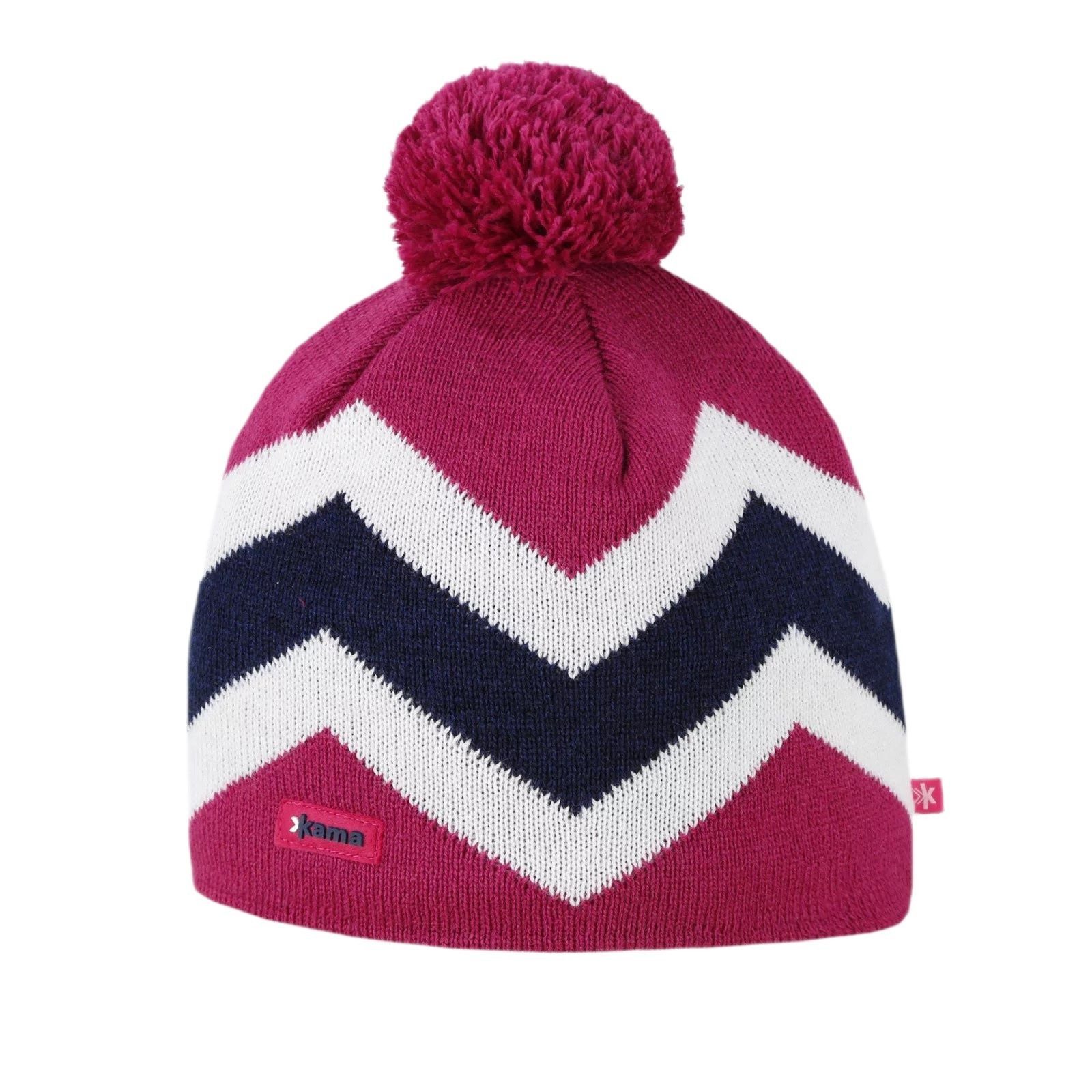 Strickmütze (Bommel) A179 Merino - pink/weiss/navyblau - 1 Stück