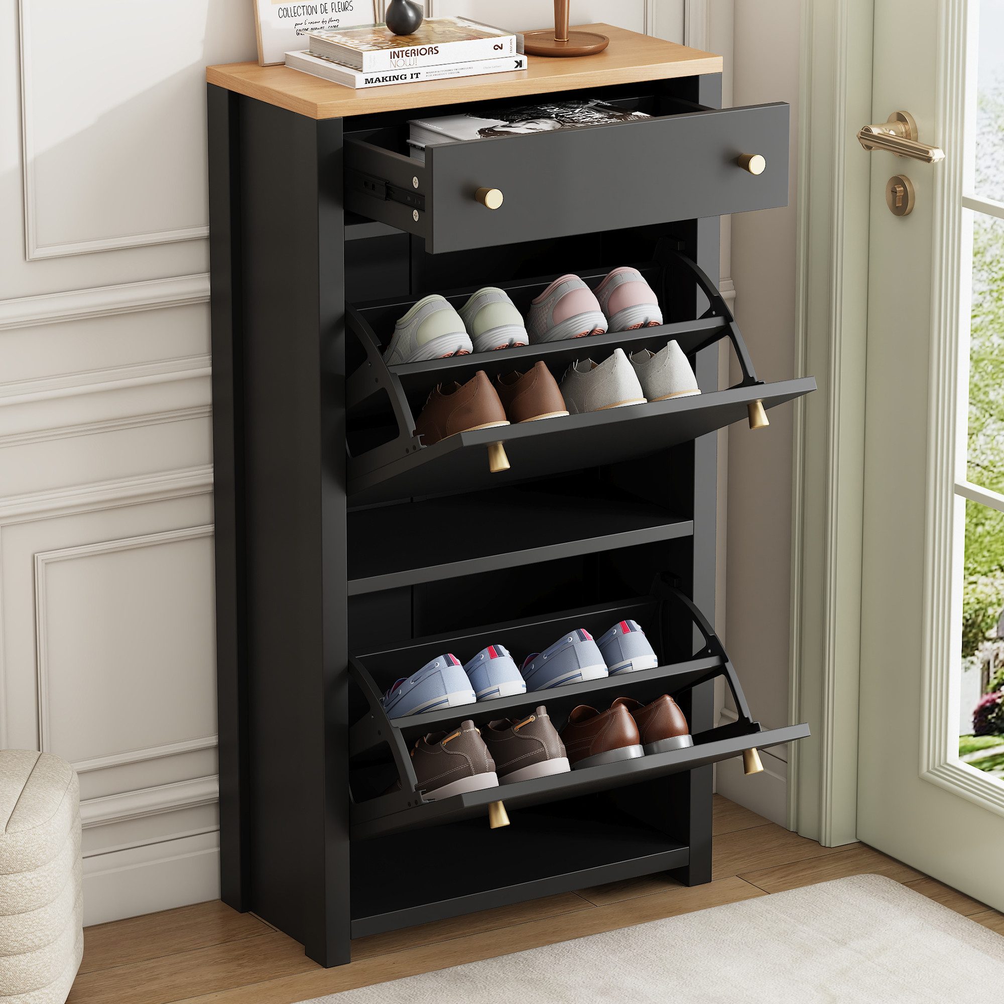 Celya Schuhschrank mit 1 Schublade und 2 Klappen (mit verstellbaren Einlegeböden und Metallgriffen) Ideal für Flur und Eingangsbereich