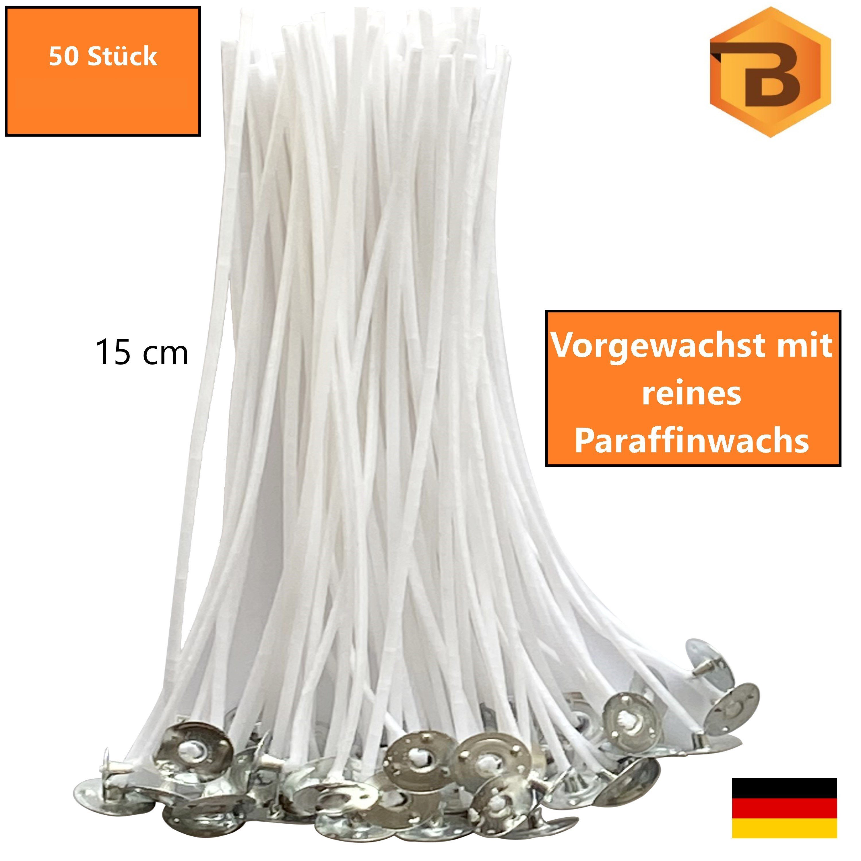 Bienenbiya Kerzenhalter Kerzendochte 50 Stk. 15 cm lang mit Metallfuß (100% natürlich aus Baumwolle, 50 St., Candle Wick, Runddocht, Teelichtdochte für DIY Kerzenherstellung), Rauchfrei, ohne gefährliche Stoffe