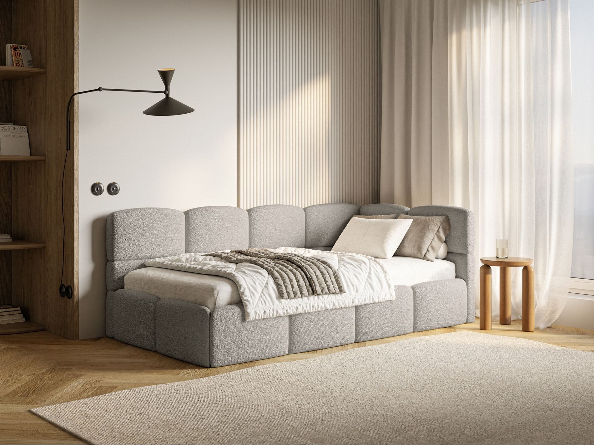 Selsey Jugendbett CLOUDY, mit Bettkasten, Bouclé, 90x200 cm, Kopfteil links günstig online kaufen