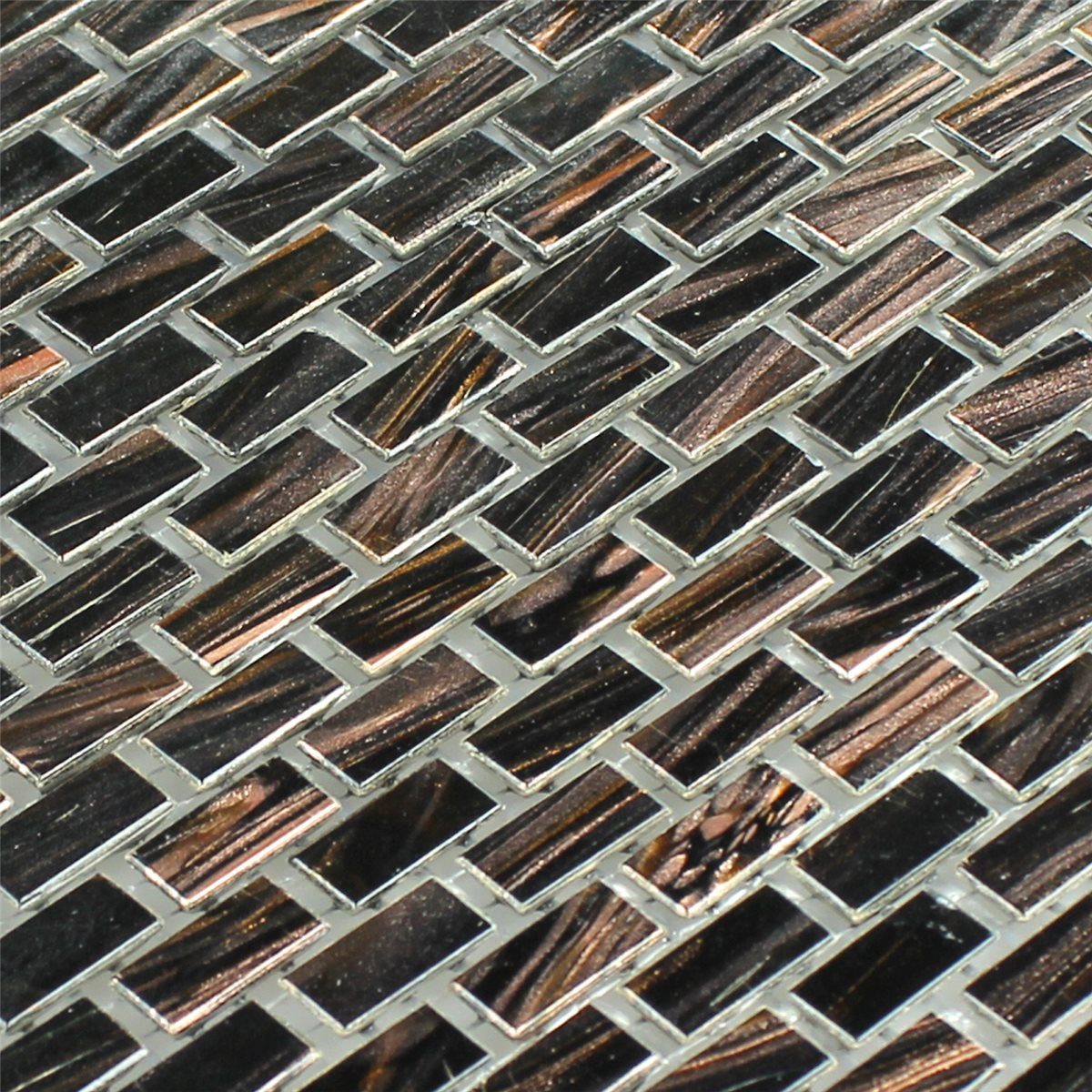 Mosafil Mosaikfliesen Glasmosaik Goldstar Braun Mini Brick, Glas 32.700x30.500, schwarz-braun, Verlegefertig auf ein Netz geklebt - Frostsicher - Wasserfest
