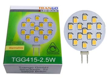 TRANGO LED-Leuchtmittel, 3er Pack G415-2.5/3 LED Leuchtmittel G4 Fassung zum Austausch G4 MR16 Halogen Leuchtmittel 12Volt AC/DC - 2.5 Watt 250 Lumen 3000K warmweiß Möbel Einbaustrahler, 3 St., Schrank Einbauleuchte, Deckenleuchte