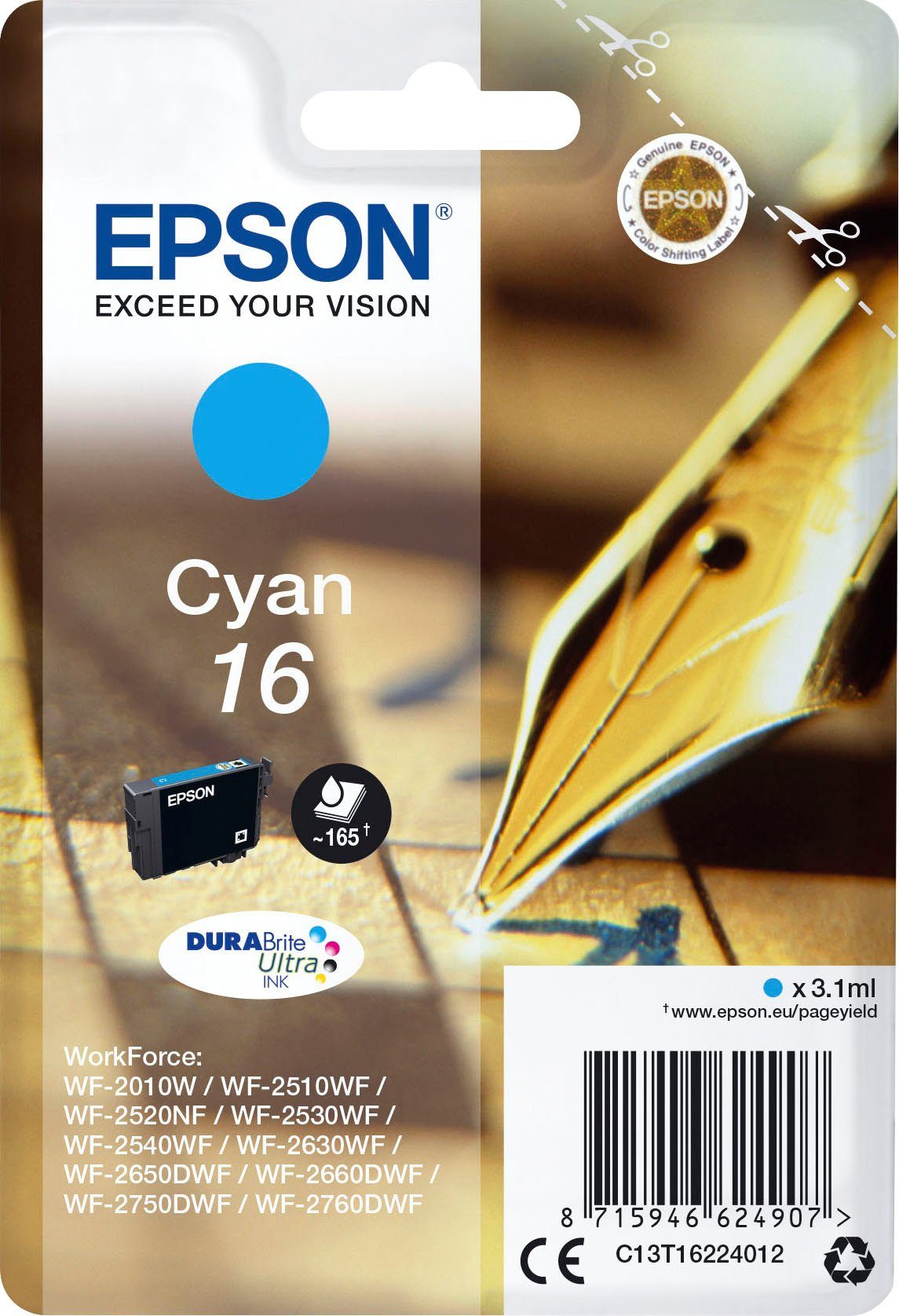Epson T1622 Tintenpatrone (1-tlg., original Druckerpatrone 16 cyan)