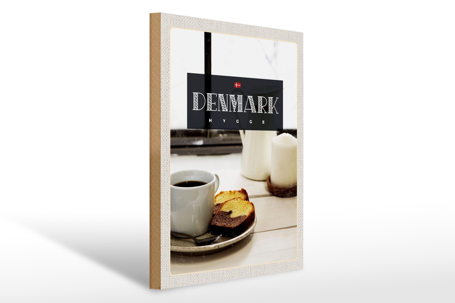 Holzbild Reise 30x40cm Dänemark Kaffee Marmorkuchen Wohnung