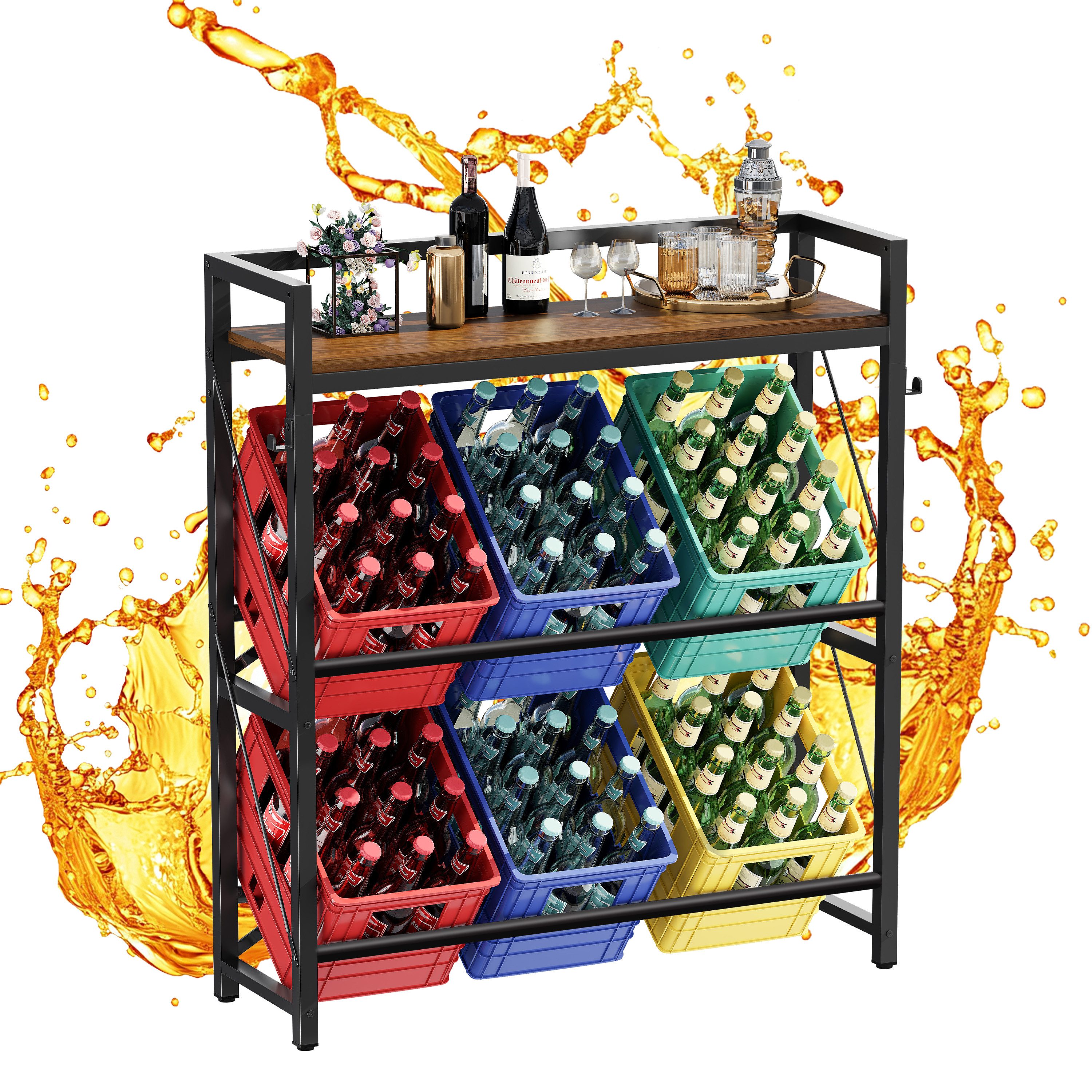 YOUDENOVA Flaschenregal Getränkekistenregal für 6 Kisten aus Metall, 104 x 32 x 117 cm, 1-tlg., Multifunktionales Küchenregal mit MDF-Ablage, bis 150 kg Tragkraft