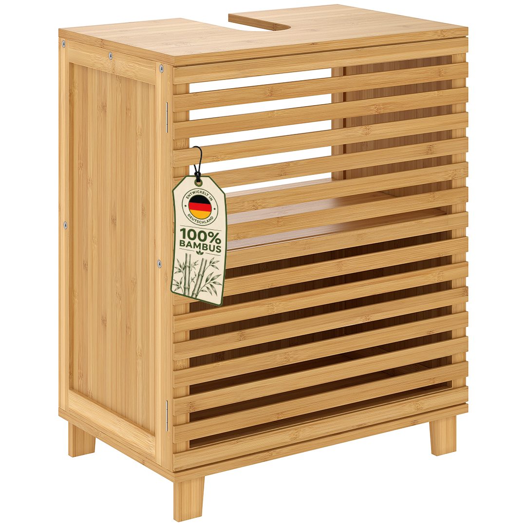 Bellamio Waschbeckenunterschrank Newa, Badezimmerschrank mit zwei Ablagefächern (mit Flügeltüren, 1-St) aus natürlichem Bambus, robst und langlebig