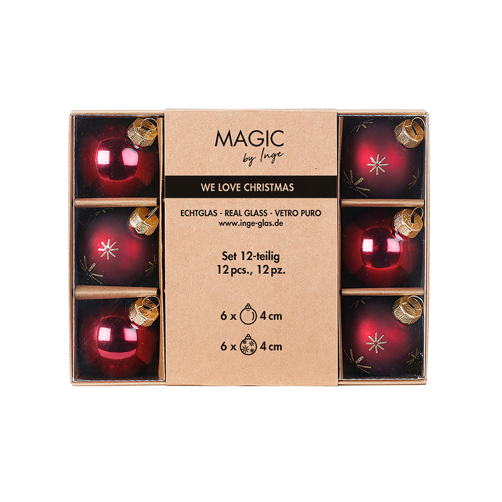 MAGIC by Inge Weihnachtsbaumkugel, Weihnachtskugeln Glas 4cm Schneeflocken Motiv 12er Set Smooth Port