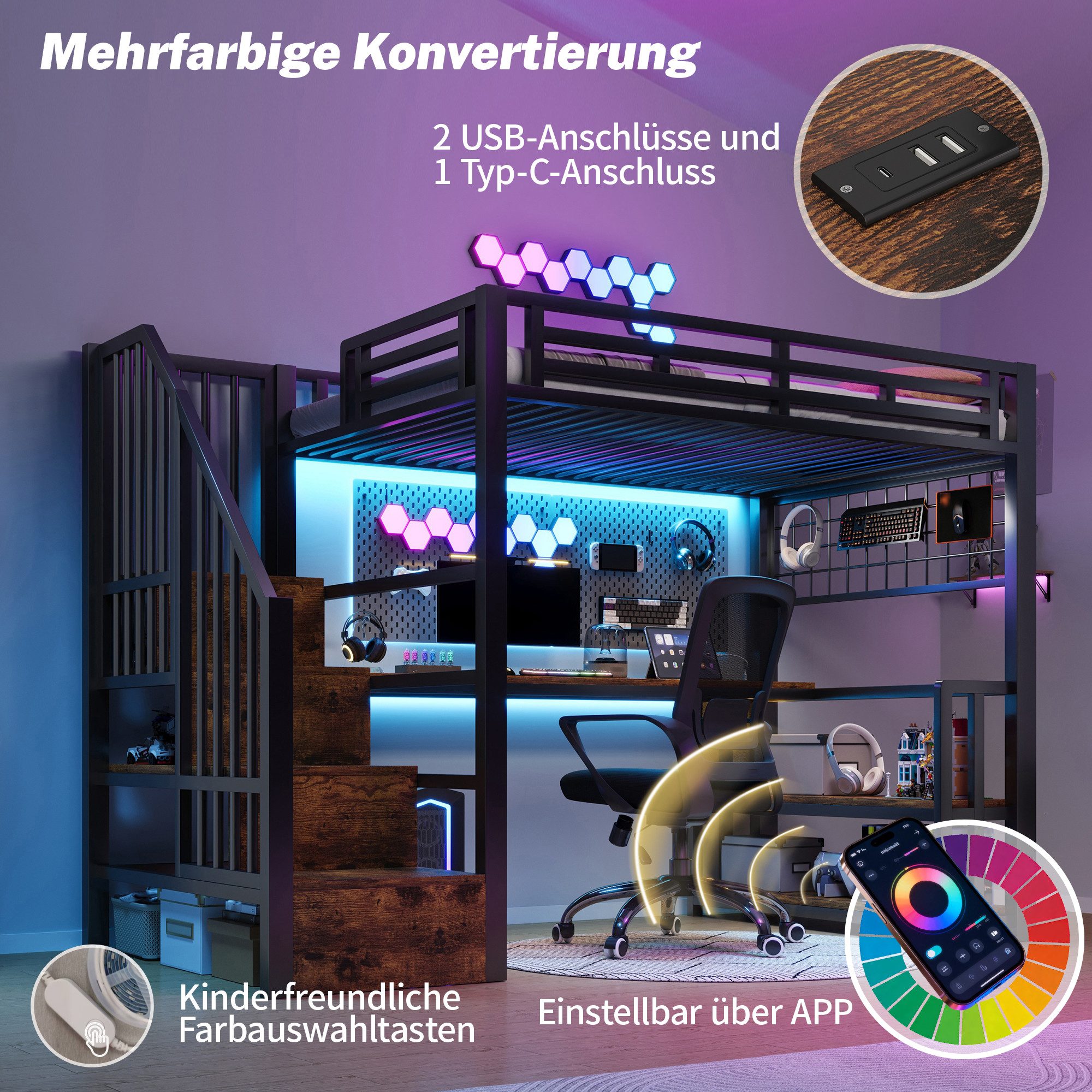 REDOM Hochbett mit Eisenrahmen, LED-Lichtleiste und Schreibtisch (Lagerregal mit Stauraum, Hängendes Gitter, 2 USB-Anschlüsse, Typ-C-Buchse, Jugendbett Metallbett, 90x200 cm) Inklusive Matratze