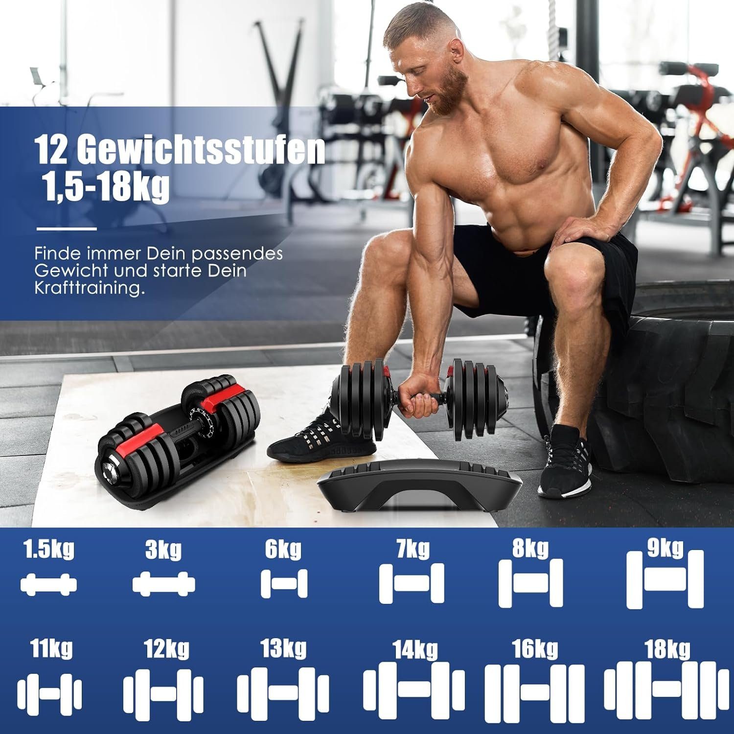 DH FitLife Hantel verstellbare Hanteln, 1,5 bis 18 KG mit 12 Gewichtsstufen, (ideal für Krafttraining & Fitness, ergonomische Hantel mit Schnellverstellung, Gusseisen Hantelscheiben), ideal für Muskelaufbau & Ganzkörpertraining