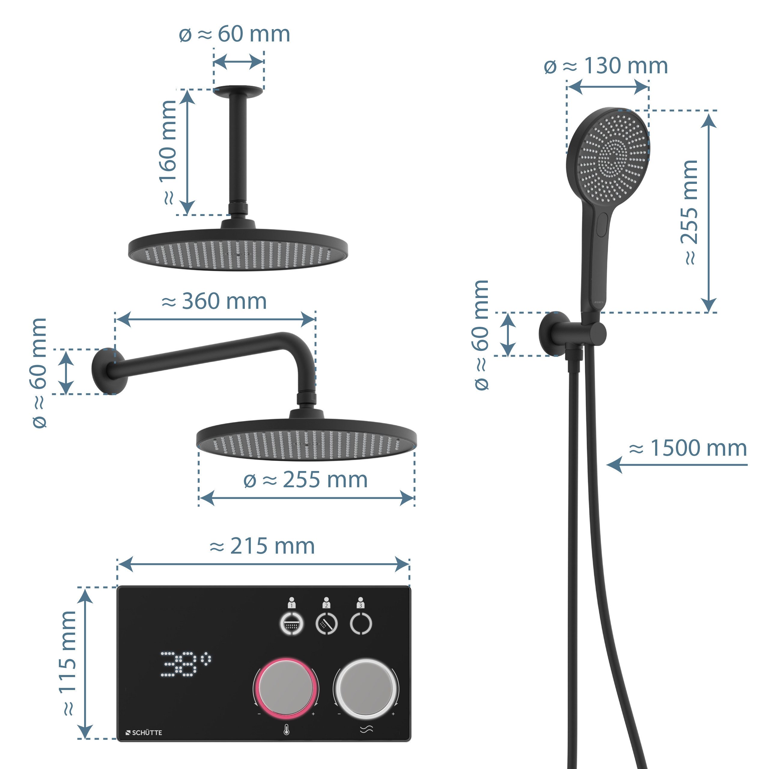 Schütte Brausegarnitur AQUADOT, Überkopfbrauseset mit digitalem Duschsystem