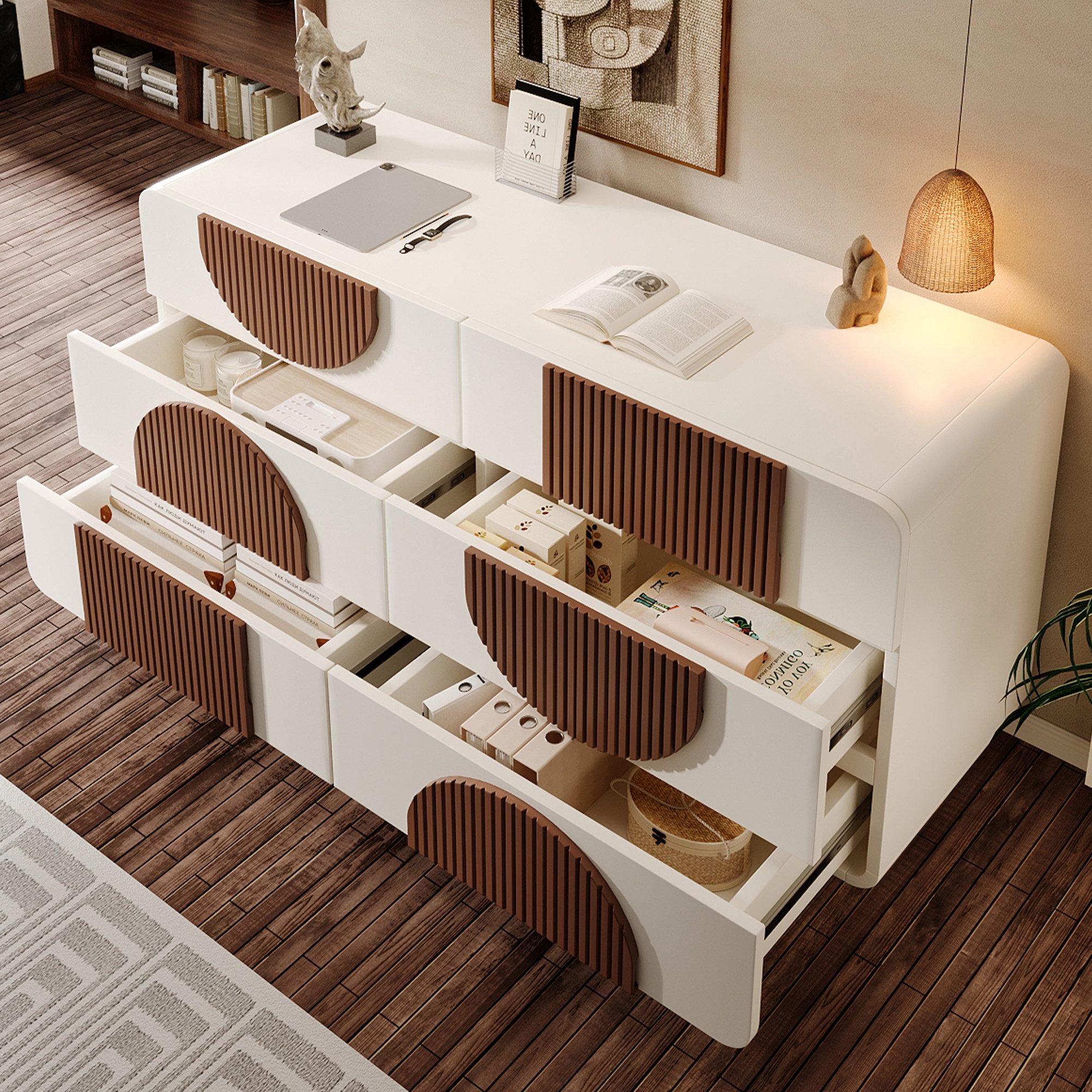Flieks Kommode mit 6 Schubladen & geschwungenem Design (121x71x41 cm, 1 St., Beine aus Massivholz), Sideboard mit schokoladenfarbenen Holzleisten Mehrzweckschrank Weiß